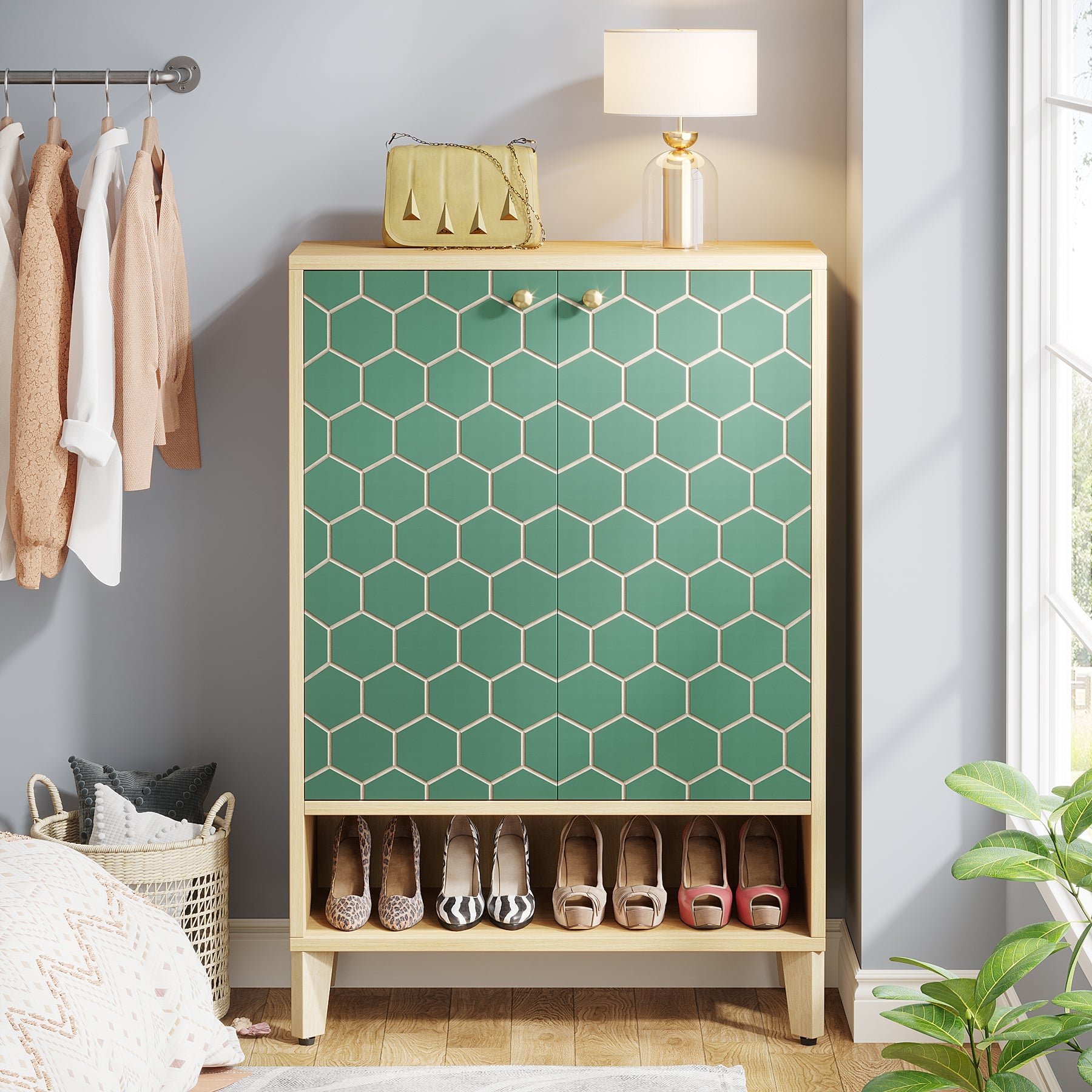 2-Door Shoe Cabinet with Solid Wood Legs & Adjustable Shelves