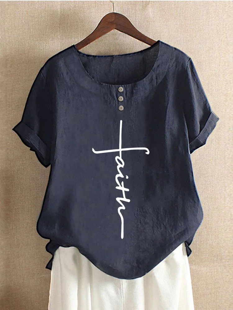 Ladies Cotton Linen Faith Print Casual Shirt