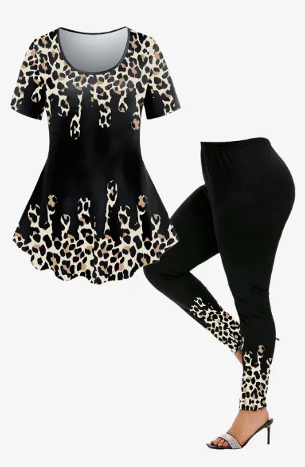 Leopard Print T-shirt and High Waist Animal Leopard Leggings Plus Size Outfit
