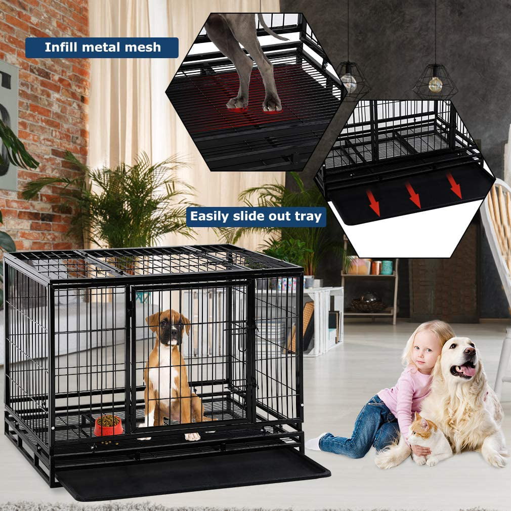 YRLLENSDAN 36/42/48 inch Heavy Duty XL Large Dog Crate for Large Dogs， Dog Crates and Kennels with Wheels Plastic Tray Double-Door Outdoor Metal Wire Pet Dog Cage for Medium Small Dogs