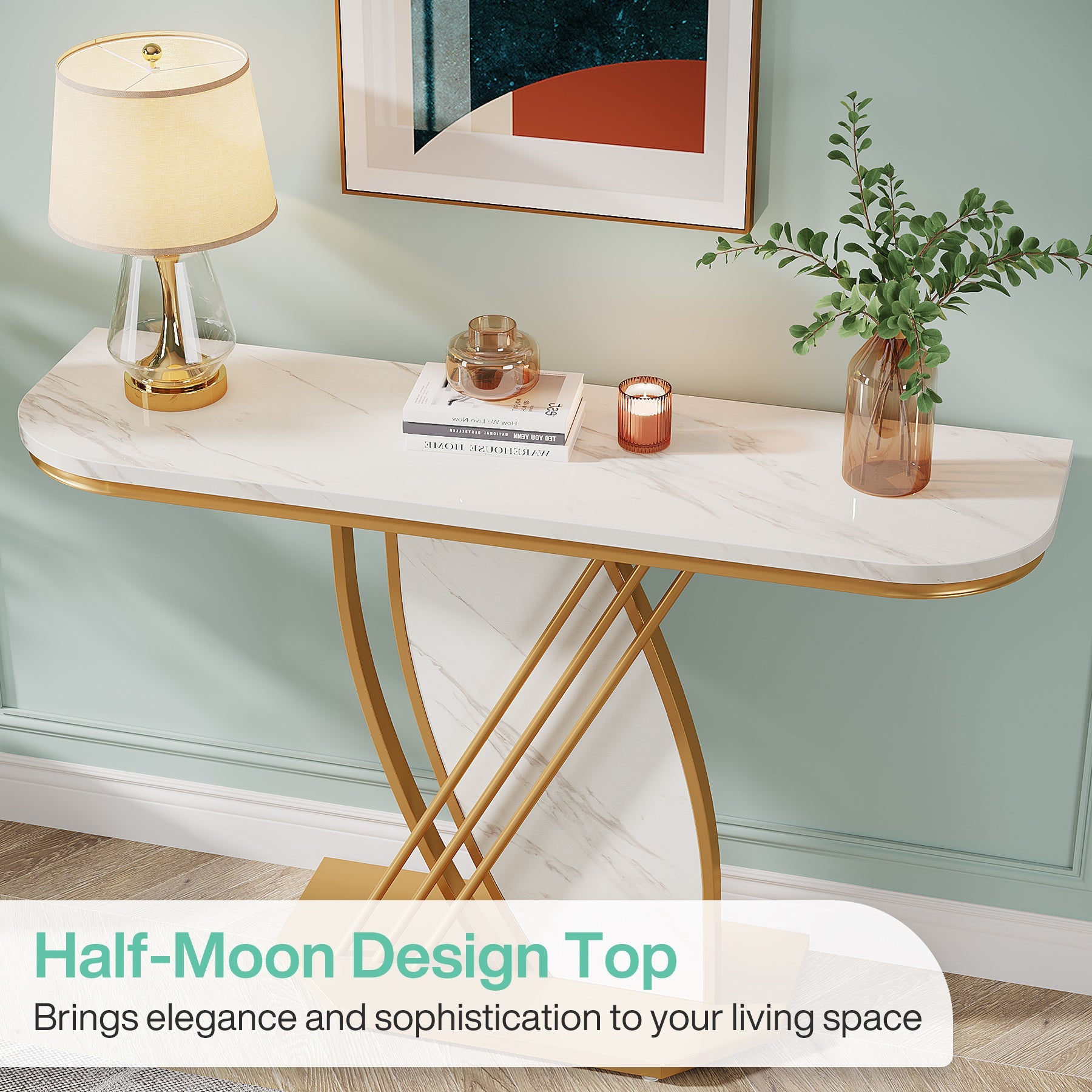 Modern Console Table, Faux Marble Sofa Table with Geometric Metal Legs