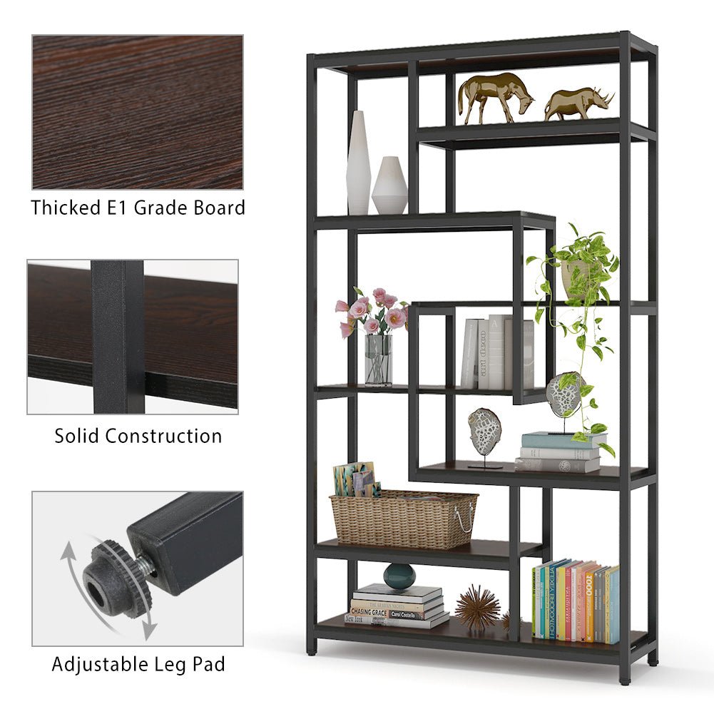 8-Shelf Staggered Bookshelf,  Industrial Etagere Bookcase