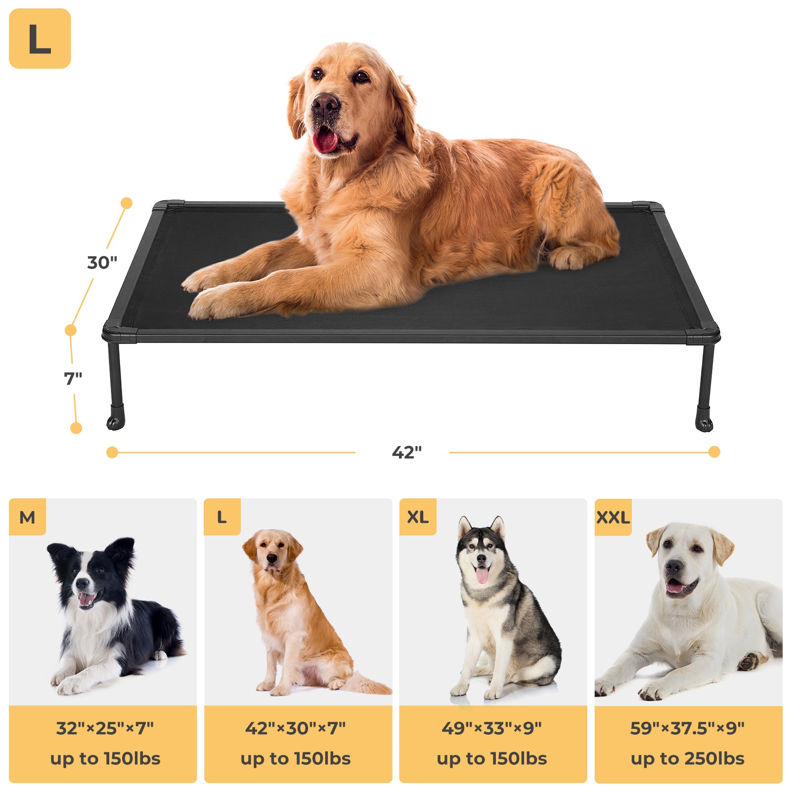 Veehoo Chewproof Dog Bed， Cooling Raised Dog Cots with Black Metal Frame， Large， Black