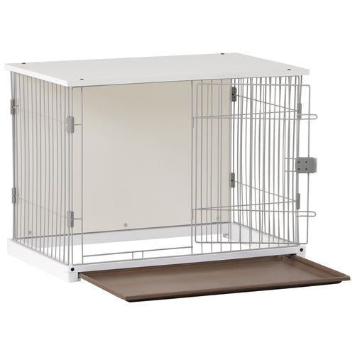 White Dog Crate， 34” Length Single Door Pet Dog House Cage with Movable Salver