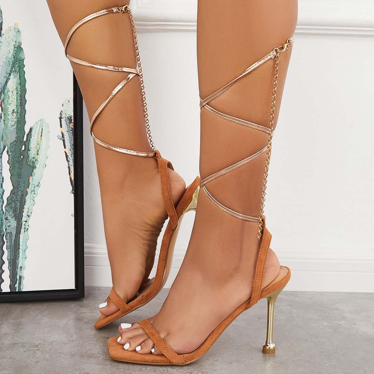 Square Toe Lace Up Stiletto High Heels Tie Strap Gladiator Sandals