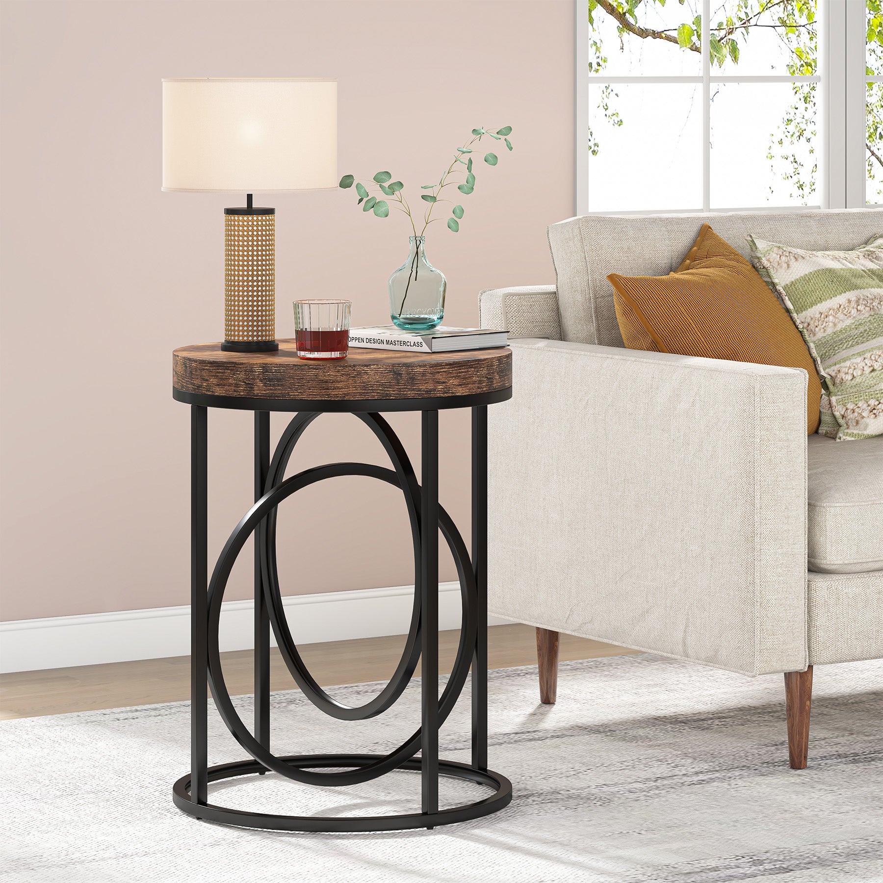 Round End Table, Modern Sofa Side Table with Faux Marble Top