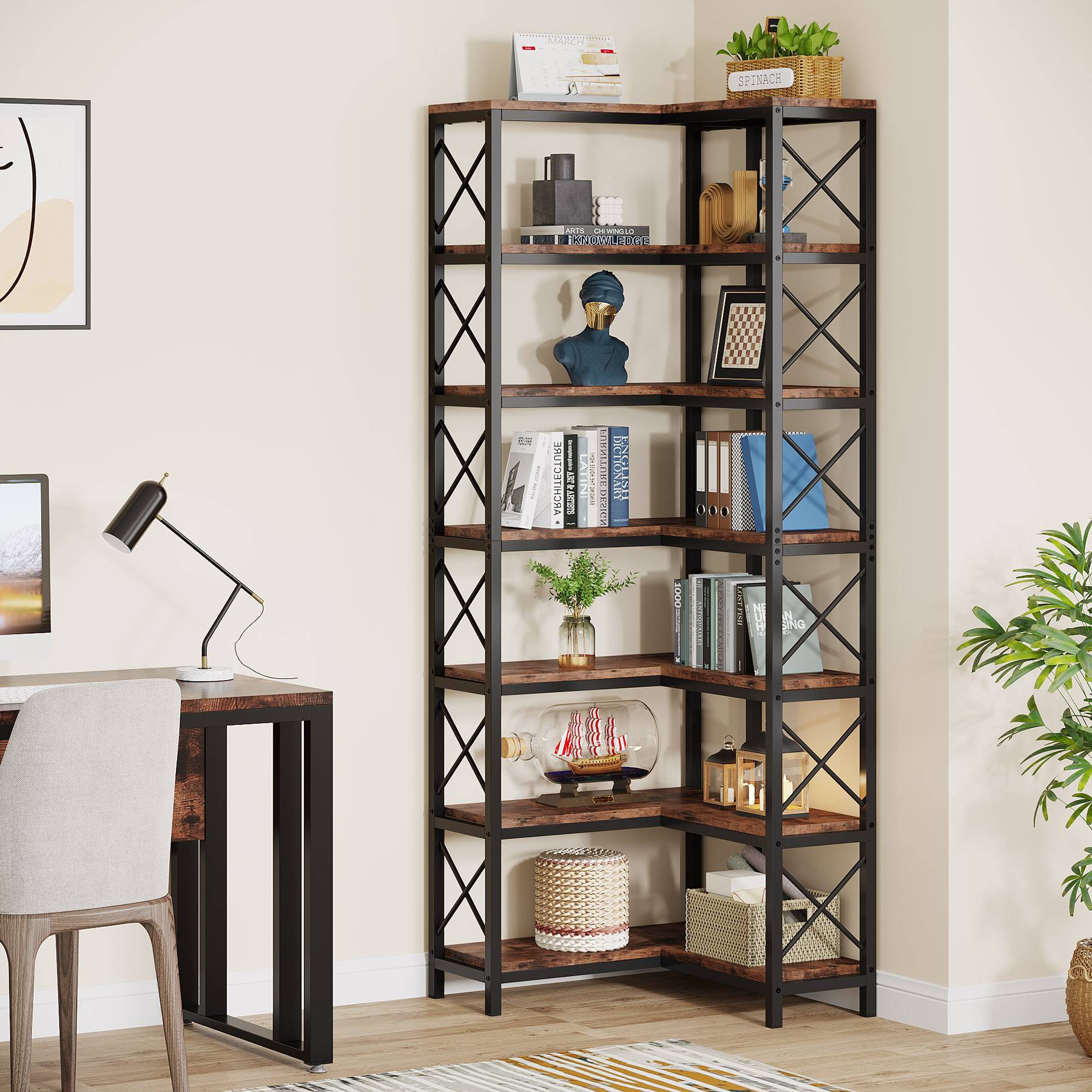 7-Tier Corner Bookshelf Corner Bookcase Storage Display Rack