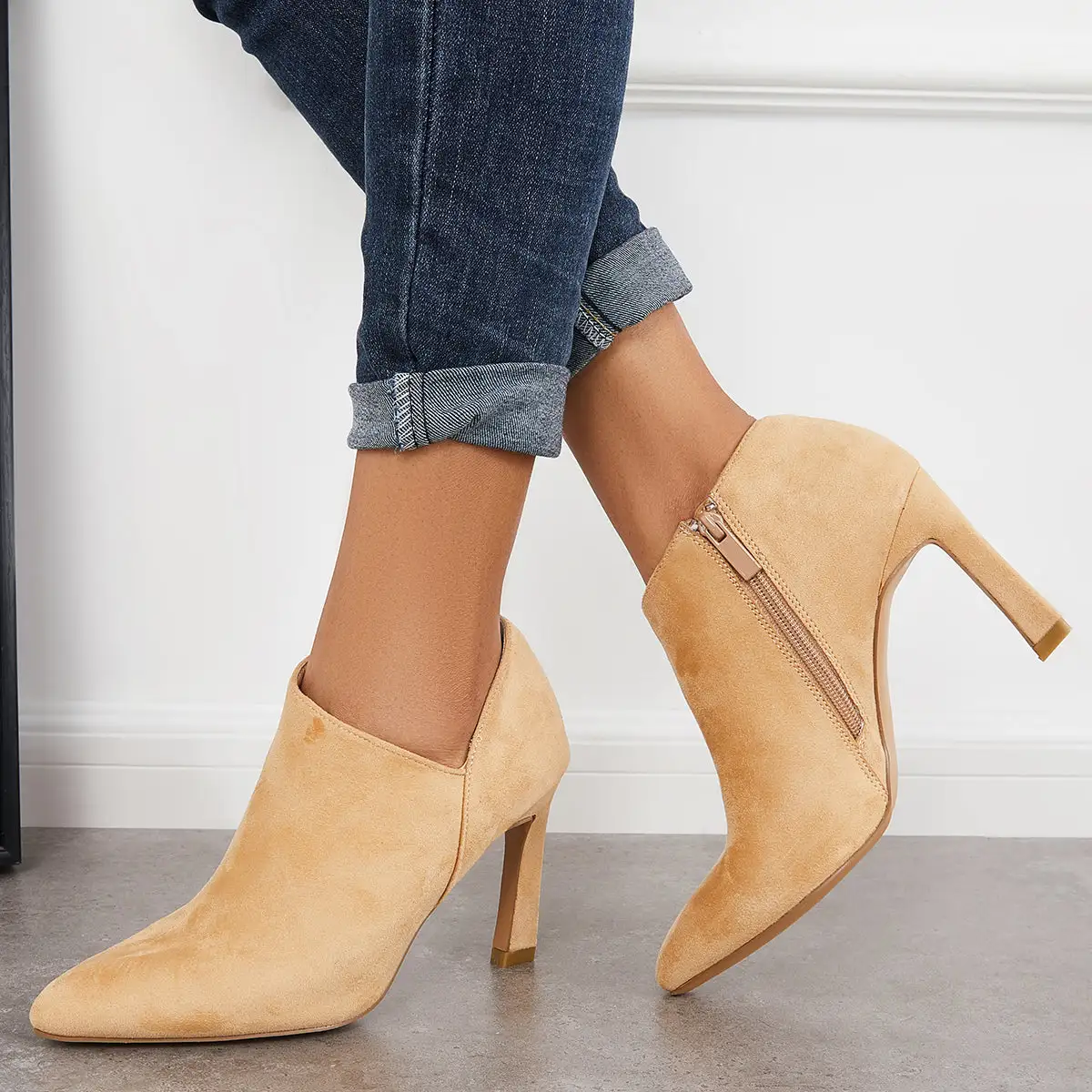 Pointed Toe V Cutout High Heel Ankle Boots Side Zip Dress Booties