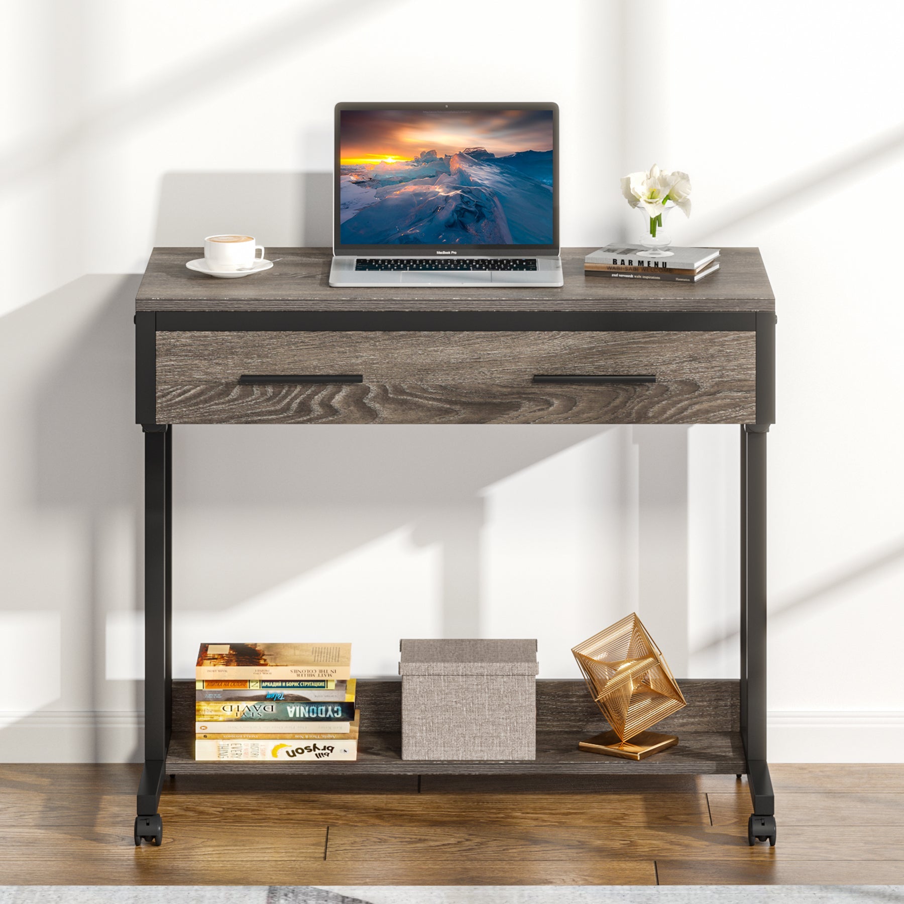 Height Adjustable Desk, Mobile Side Table Portable Desk with Drawers