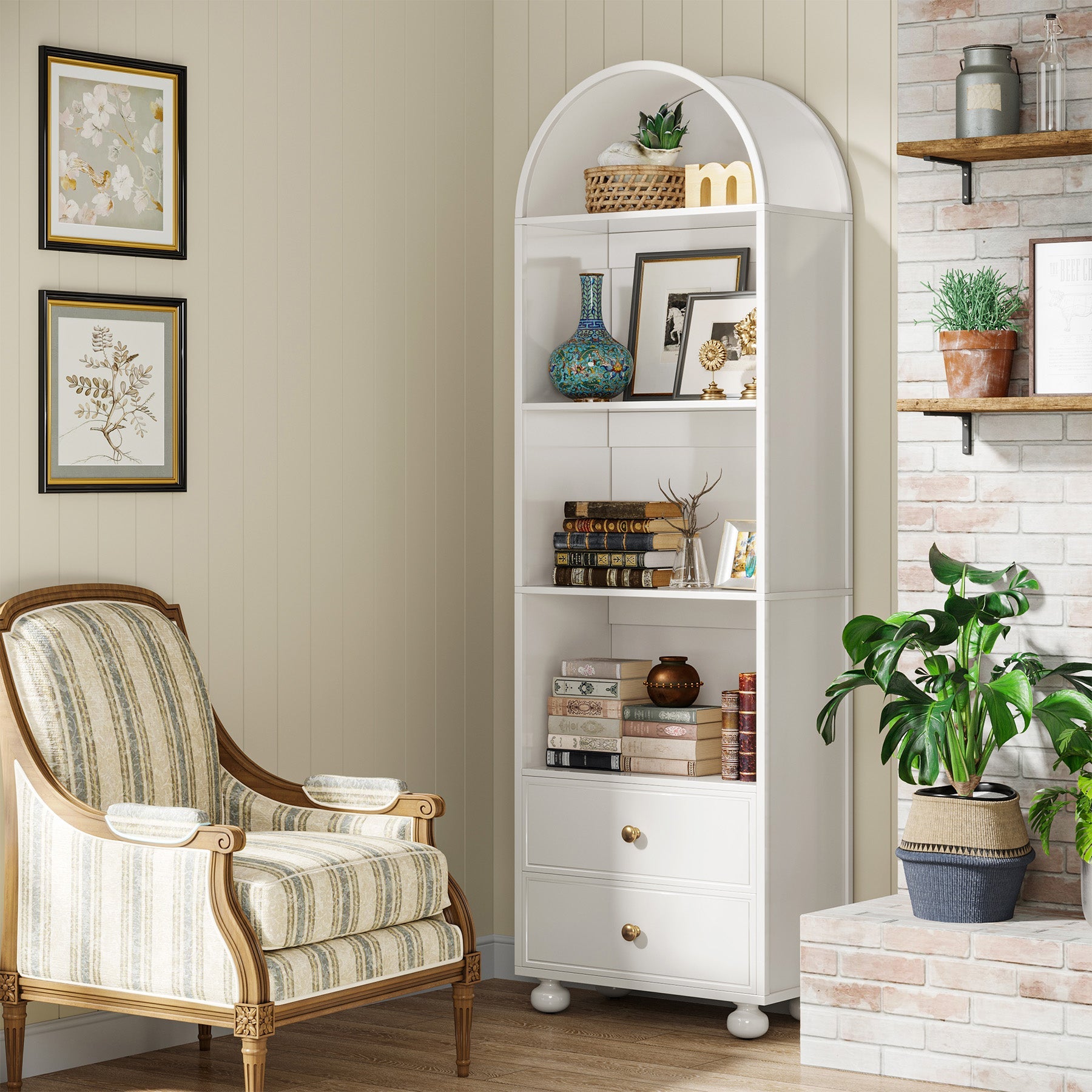 Wooden Bookcase, Arched Bookshelf with 2 Drawers and 4 Shelves