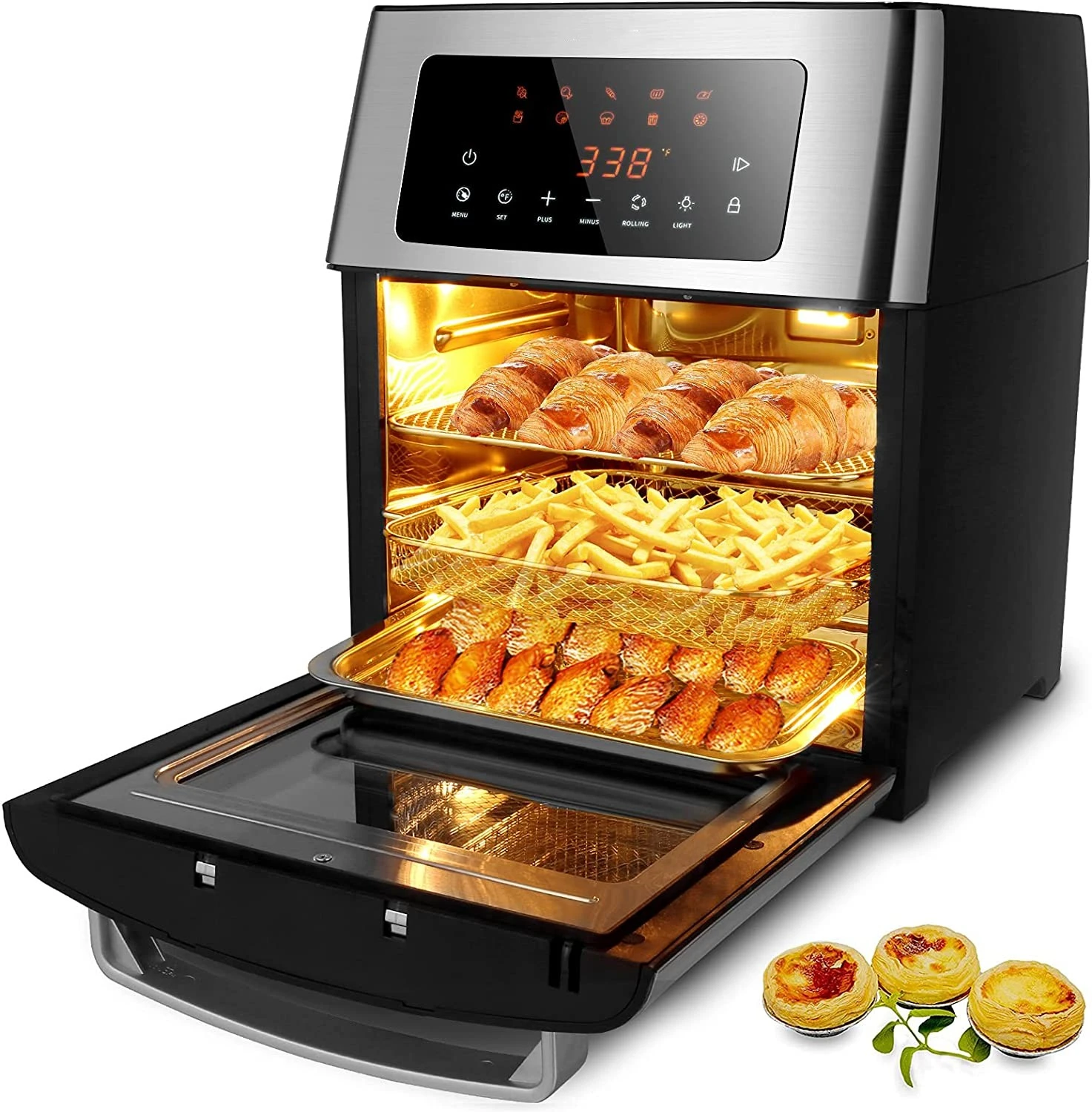 Air Fryer Toaster Oven Combo 16 Quart, 1500W Countertop Convection Roaster with 10 in 1 Smart Cook Presets, Rotisserie, Dehydrator, Rolling  Lock Function with 5 Accessories  Auto Shut Off