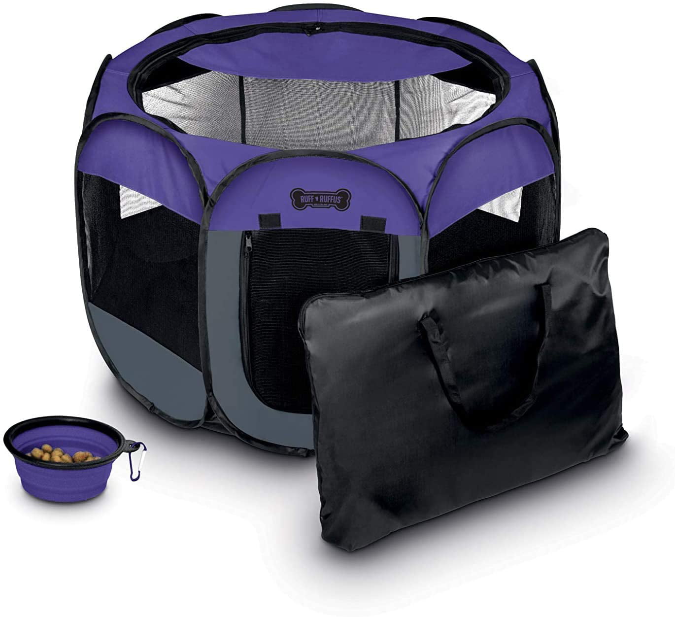 Ruff 'n Ruffus Portable Foldable Pet Playpen + Free Carry Case and Bowl | Indoor/Outdoor Water-Resistant Shade Cover