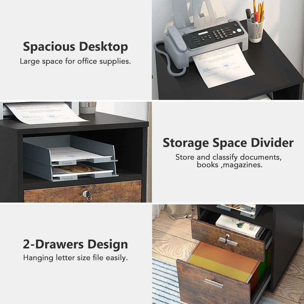 2-Drawer File Cabinet Mobile Printer Stand with Lock