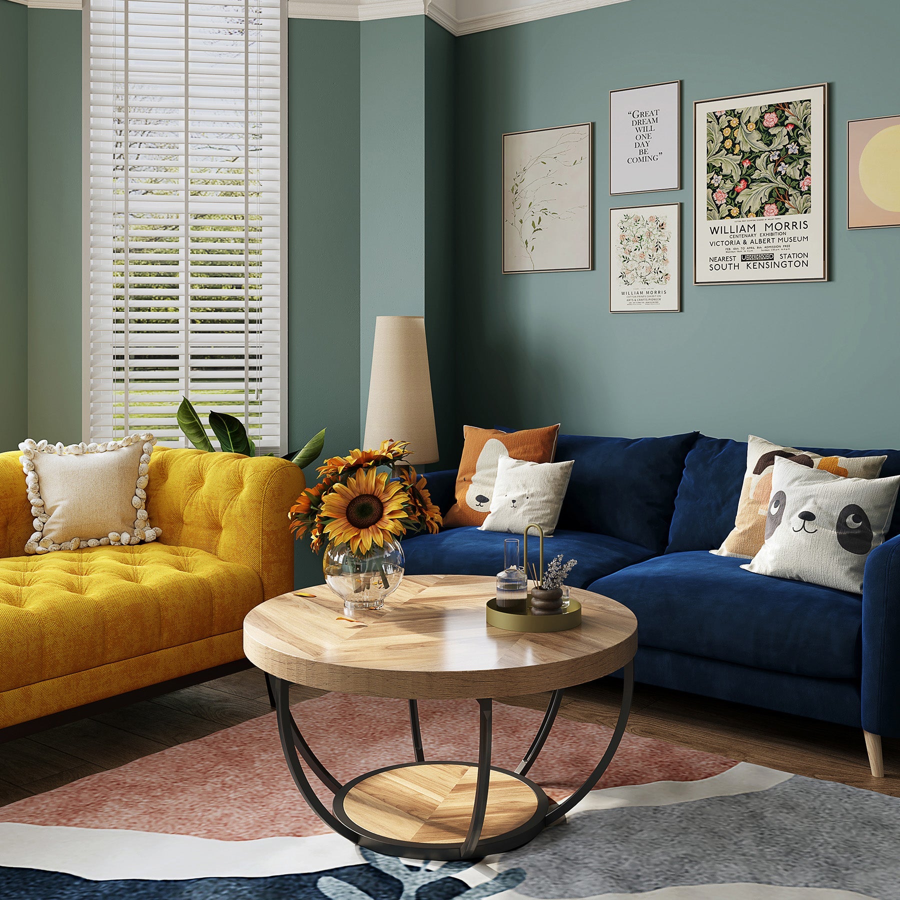 Wooden Coffee Table, 2-Tier Round Central Cocktail Table with Shelves