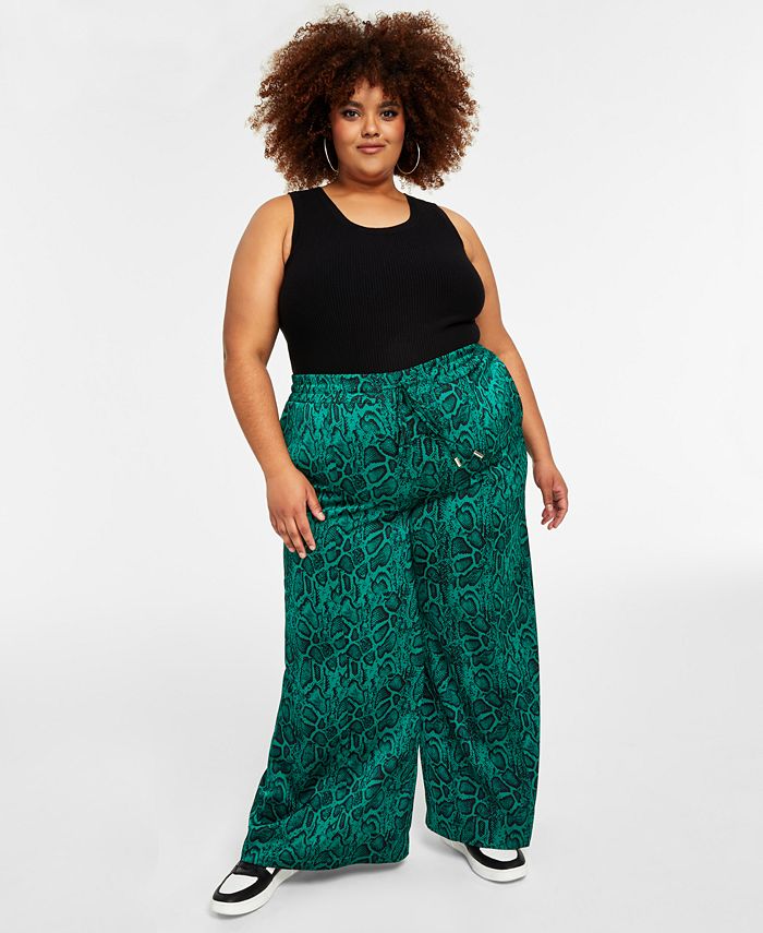 Trendy Plus Size Printed Satin Wide-Leg Pants