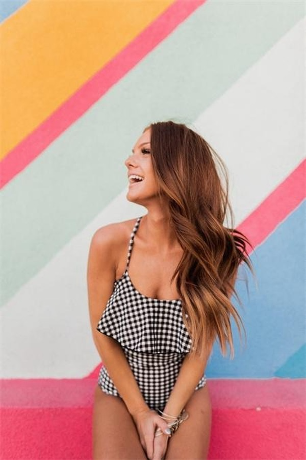 One Piece Plaid Ruffle Off Shoulder Swimsuit