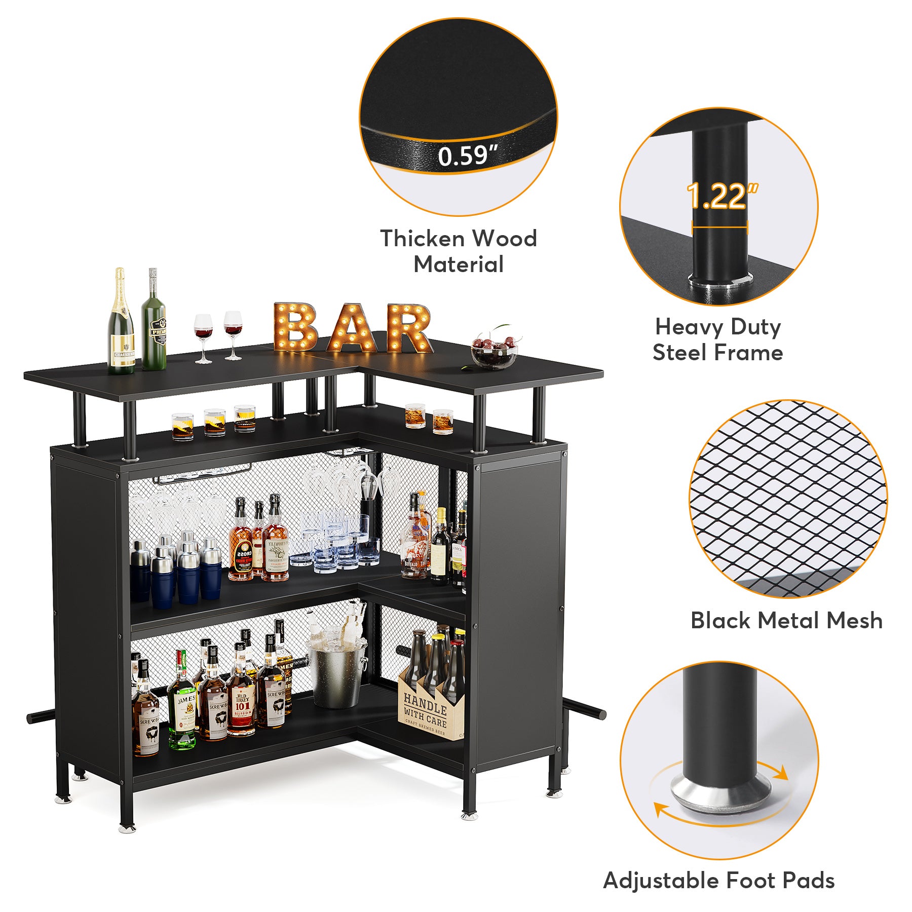 L-Shaped Home Bar Unit, Liquor Bar Table with Glasses Holders & Shelves