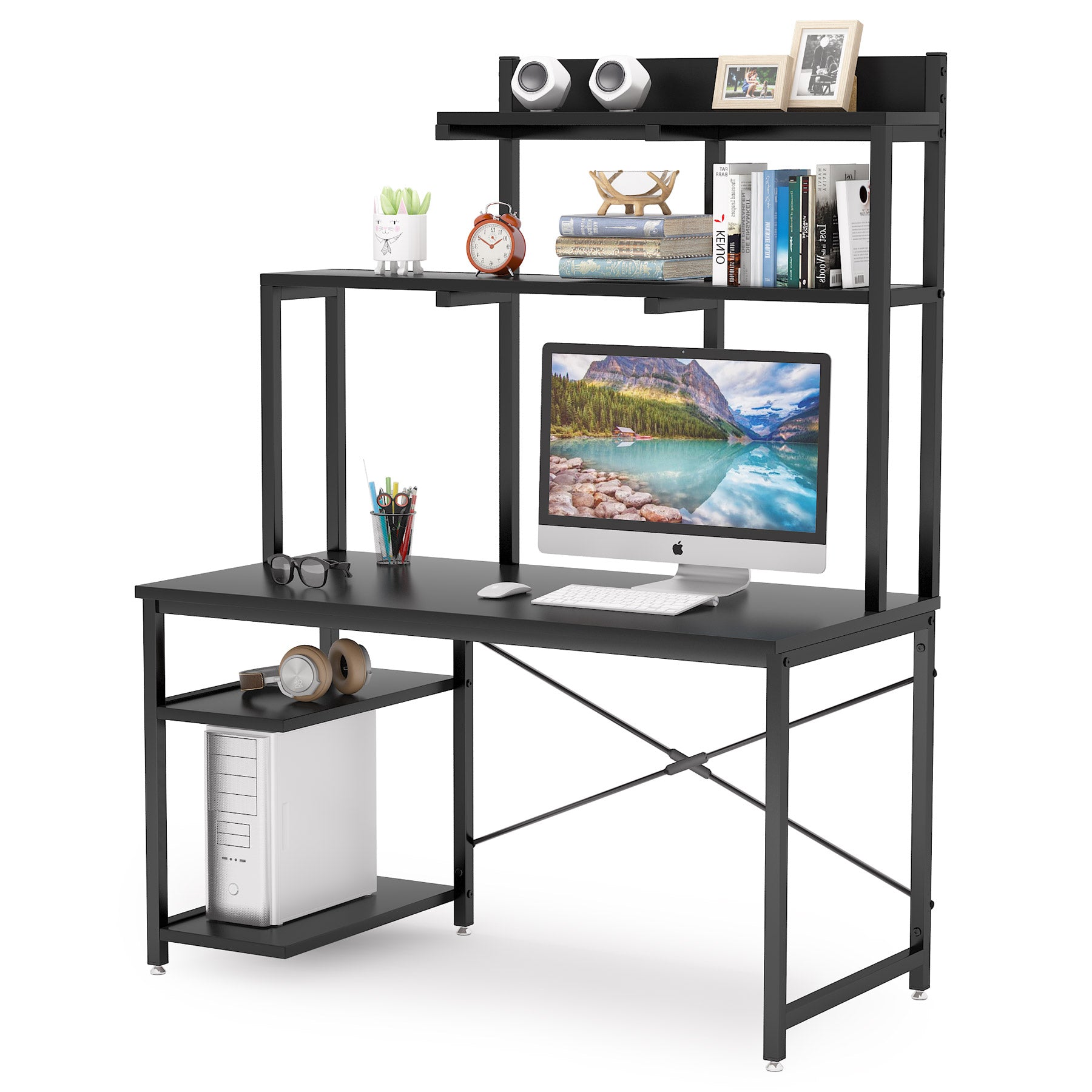 Black Computer Desk, Home Office Desk with Shelves and Hutch