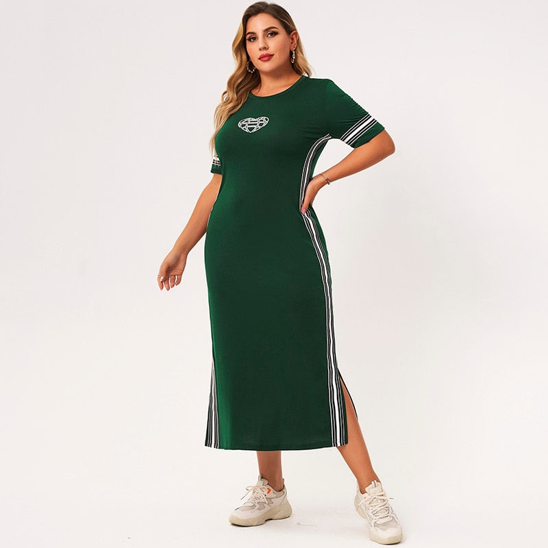 2021 New Summer Dress Women Green Splicing Striped O-neck Short Sleeve Slim Casual College Plus Size Dresses With Heart-Shaped