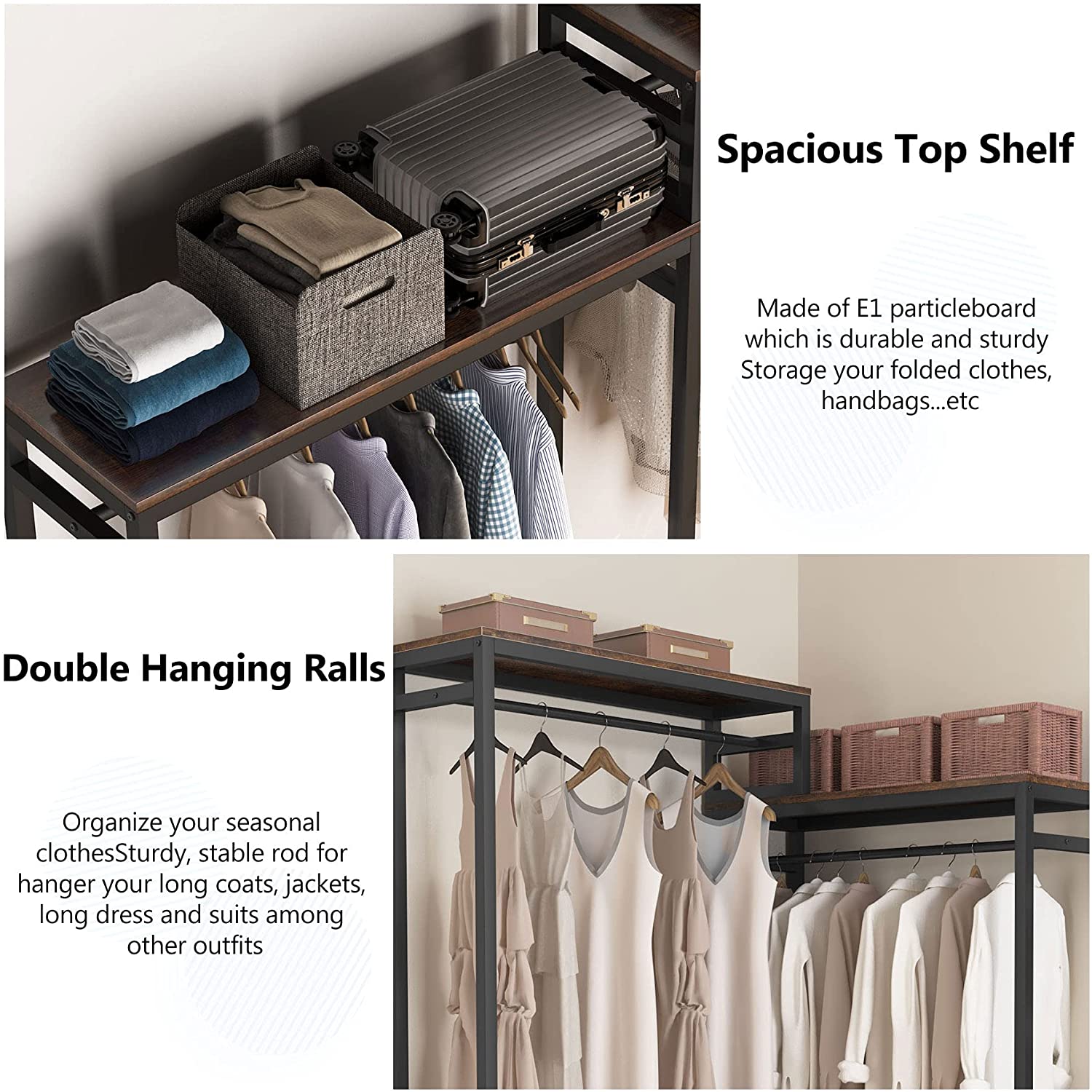 Freestanding Closet Organizer with Shelves and Double Hanging Rod