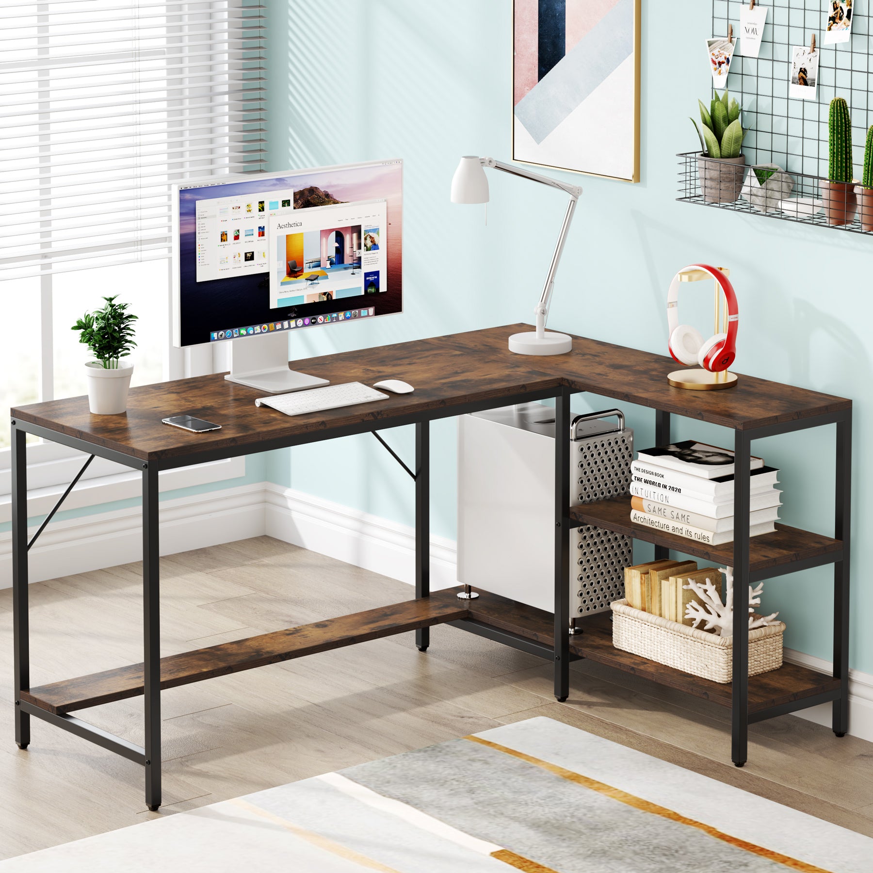 Reversible L-Shaped Desk, Corner Computer Desk with Storage Shelves