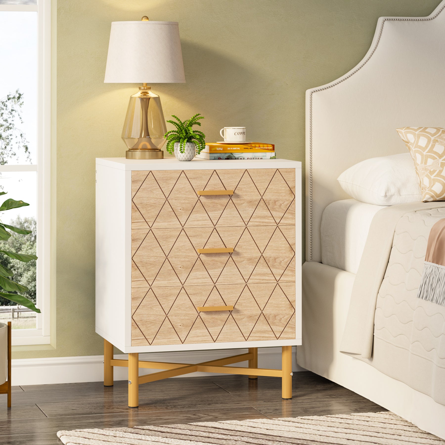 3-Drawer Nightstand, Modern Bedside Table with Metal Legs