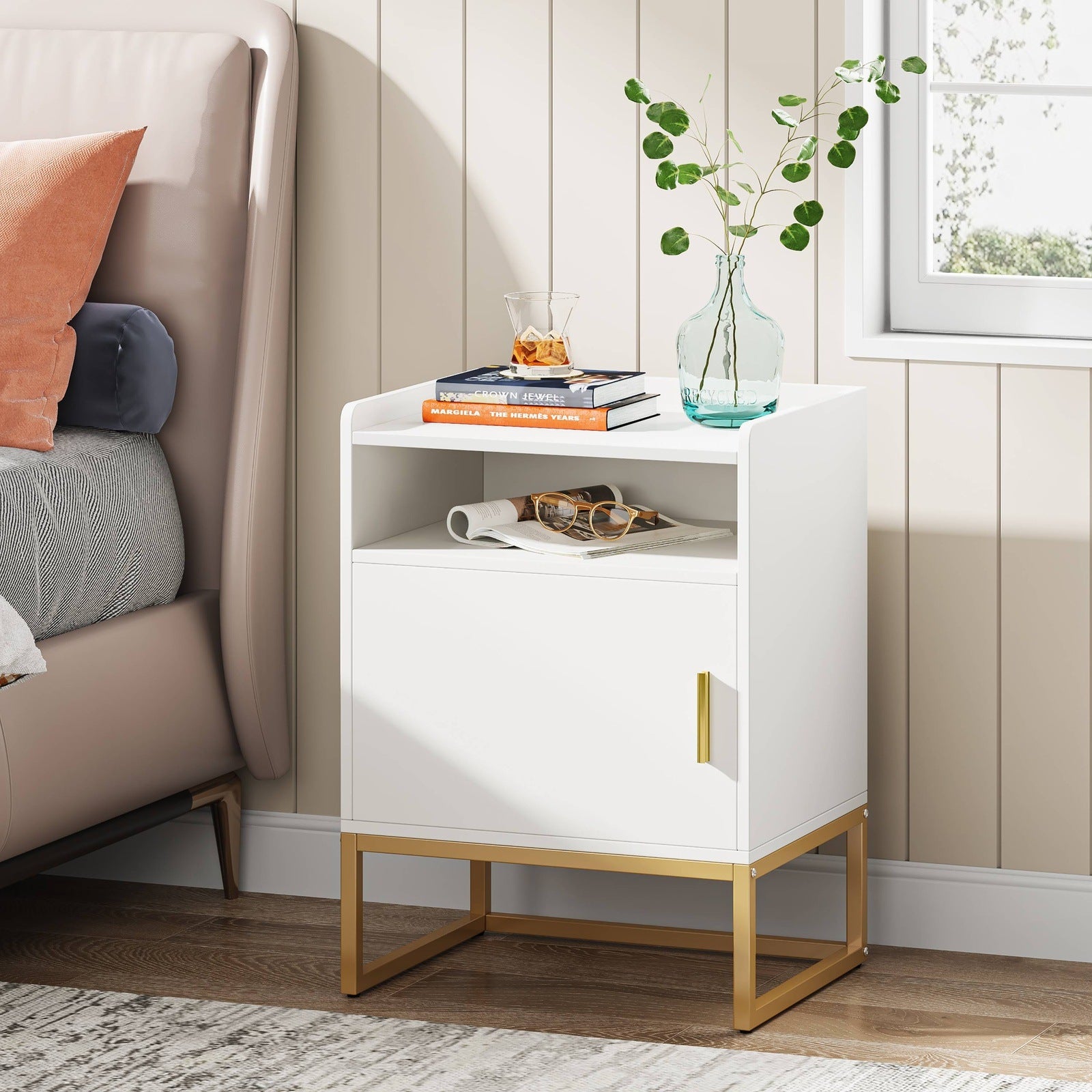 Modern Nightstand Bedside Table with Cabinet and Storage Shelf