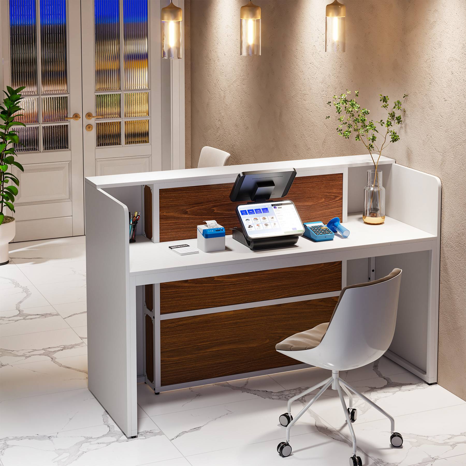 Modern Reception Desk, Large Counter Table Front Desk with LED Lights