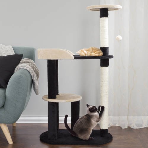 3-Tier Cat Tower with 2 Napping Perches， Peek Hole， 2 Sisal Rope Scratching Posts， and Hanging Toy – Cat Tree for Indoor Cats by PETMAKER (Black)