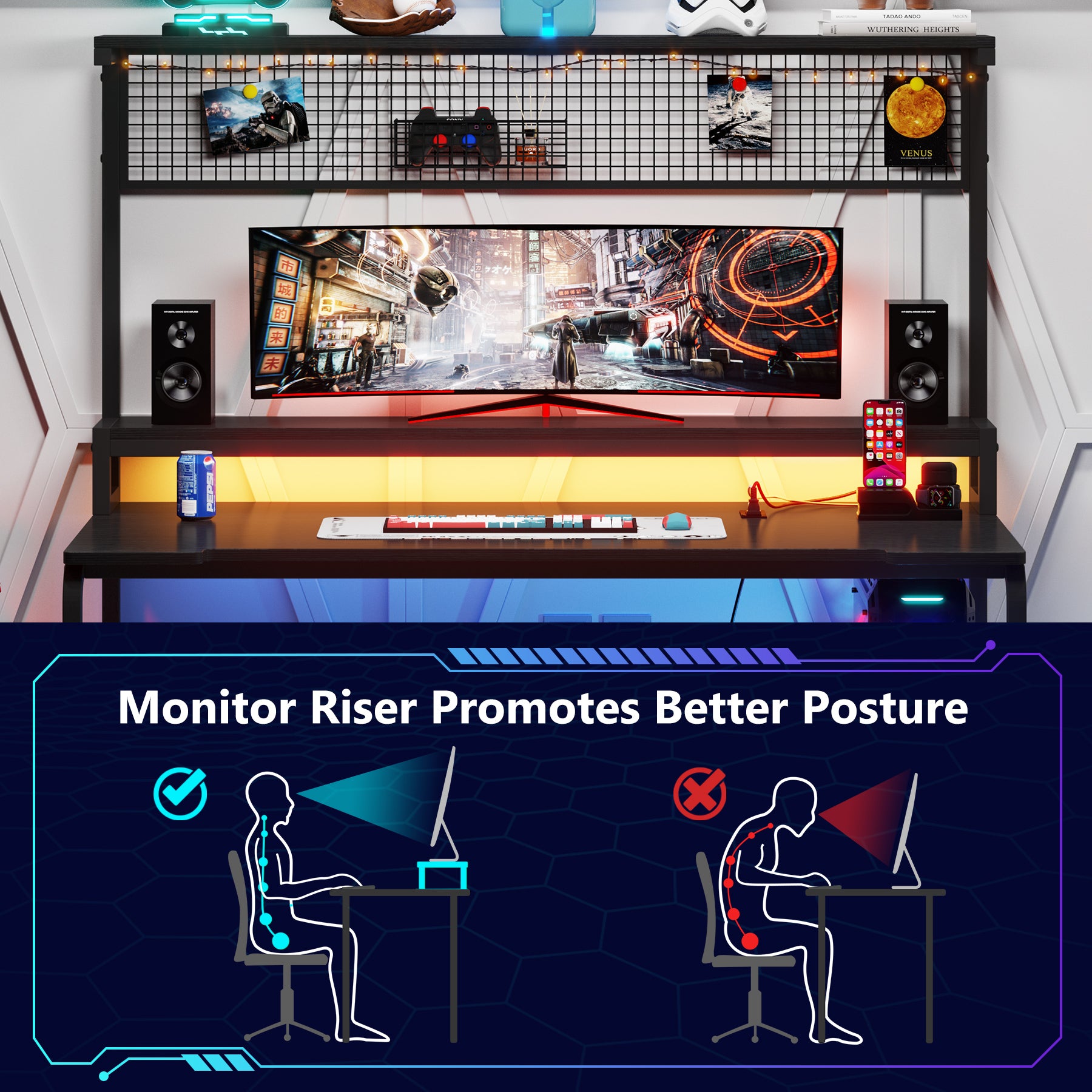 Gaming Desk with 2-Outlet & 2 USB Ports, Computer Desk with Monitor Stand