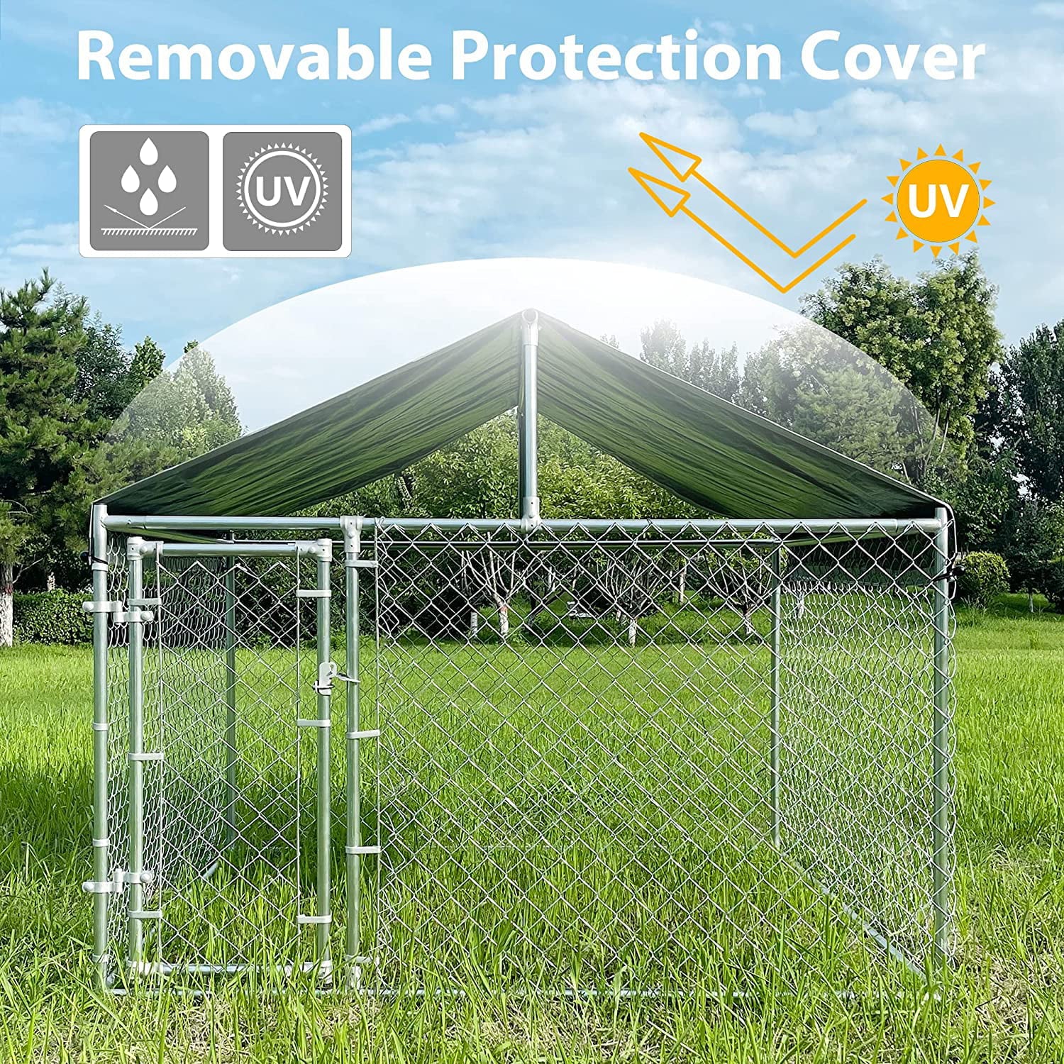 HITTITE Large Outdoor Dog Kennel， Heavy Duty Outdoor Fence Dog Cage， Anti-Rust Dog Pens Outdoor Dog Fence with Waterproof UV-Resistant Cover and Secure Lock for Backyard 6.76'Lx6.76'Wx5.64'H