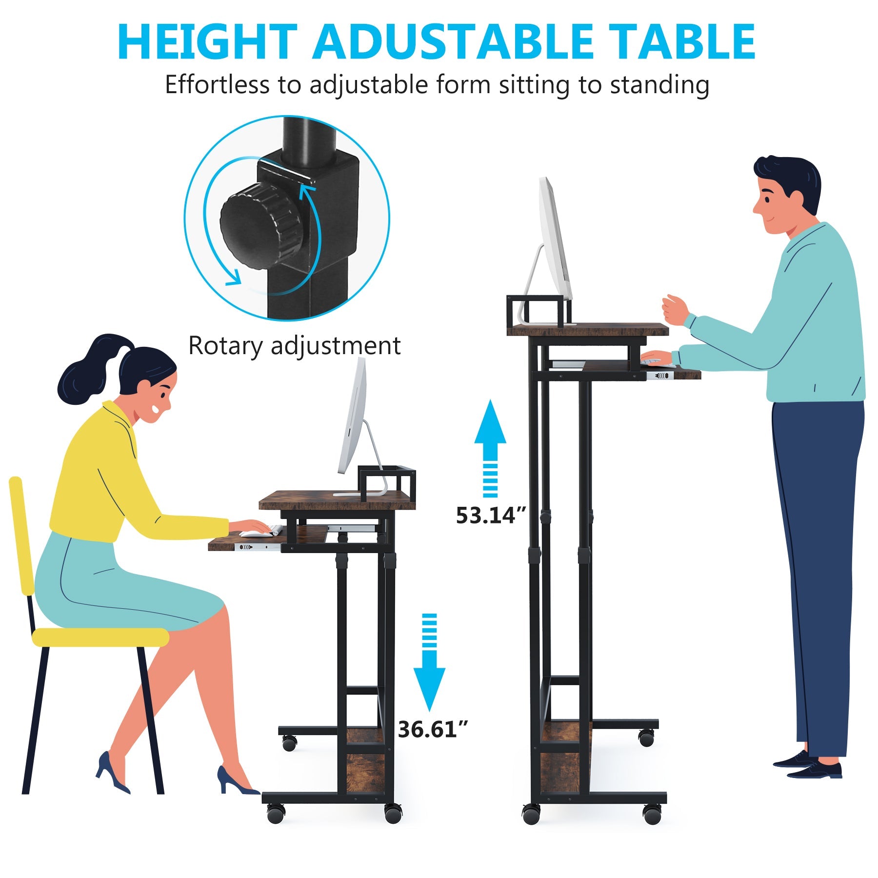 Rolling Height Adjustable Desk, Portable Standing Desk with Keyboard Tray