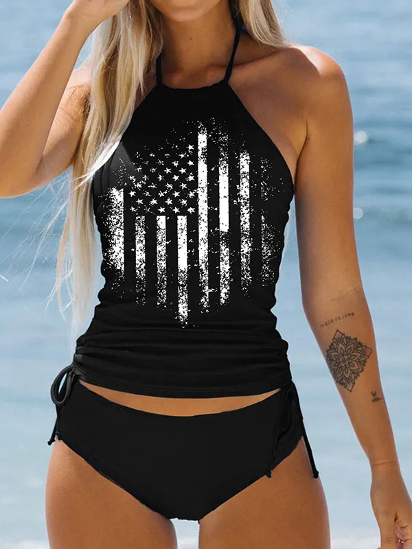 Black USA Flag Strapless Knot Side Tankini Sets