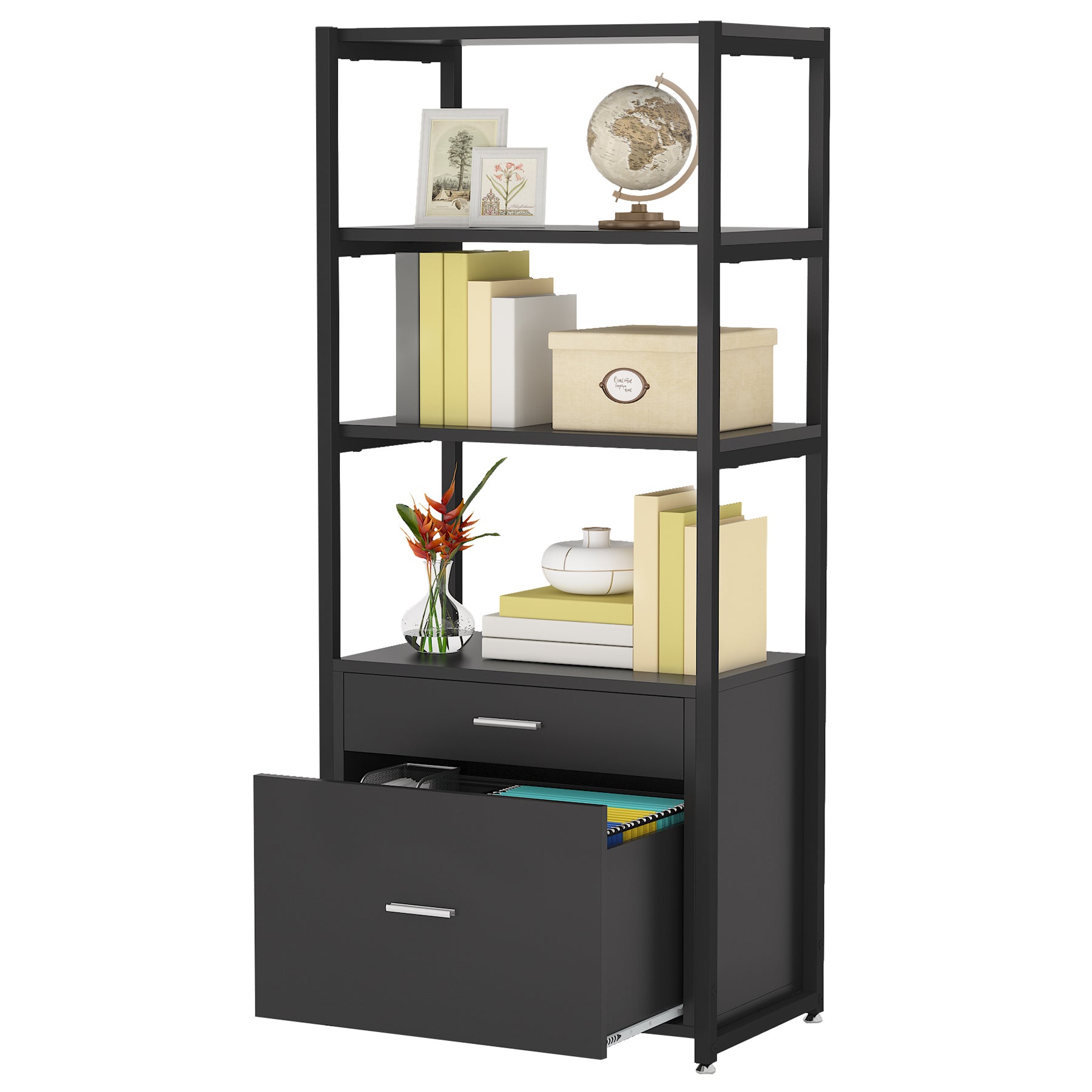 4-Tier File Cabinet, Modern Bookshelf with 2 Drawers