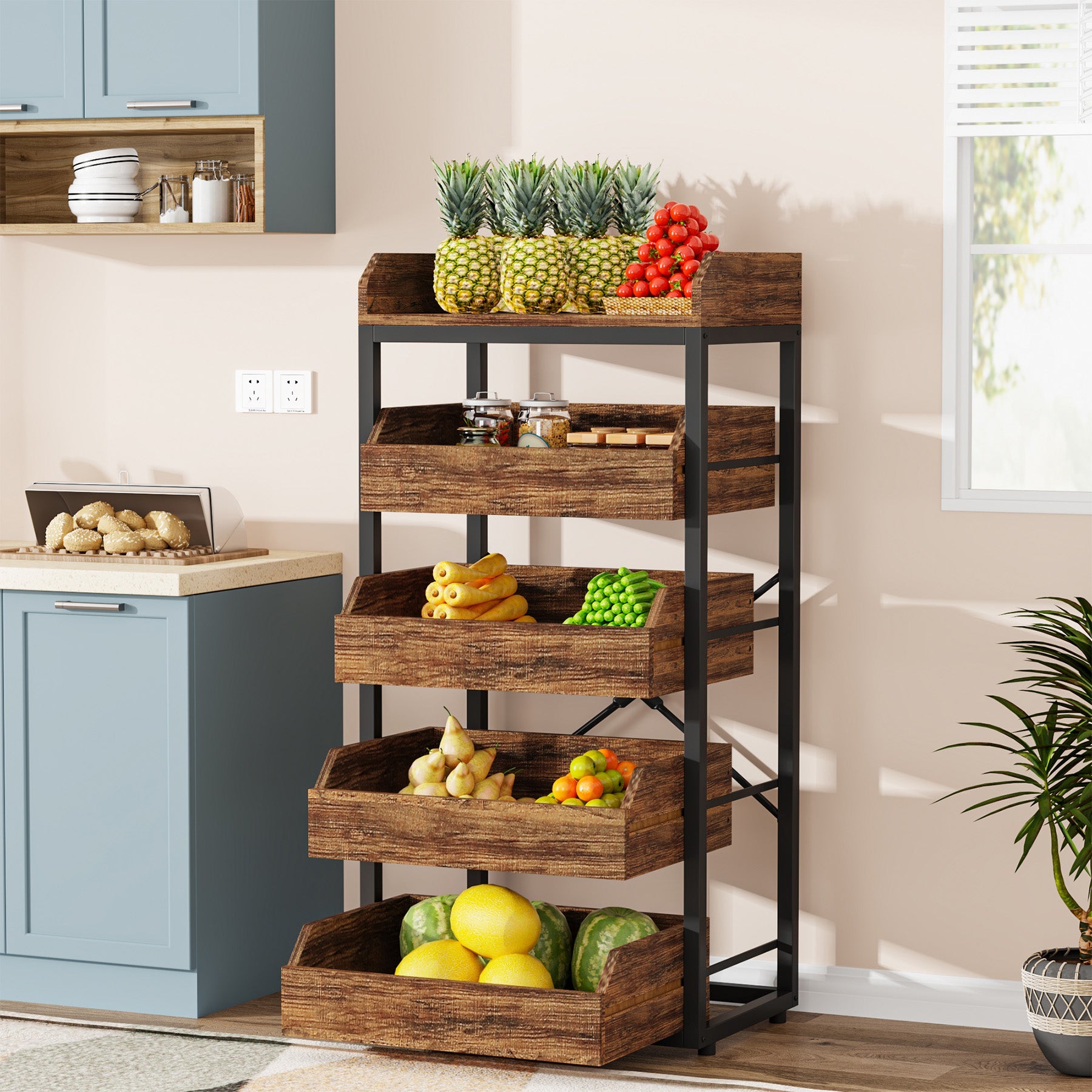 Wood Fruit and Vegetable Storage Rack Basket Stand with 5 Drawers