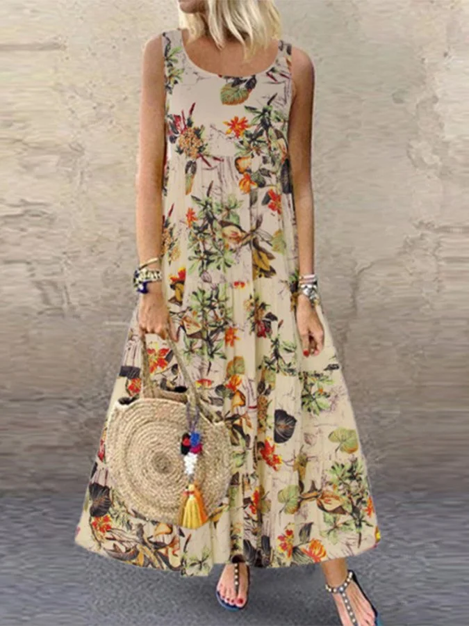 Women's Fashion Vintage Print Sleeveless Round Neck Dress