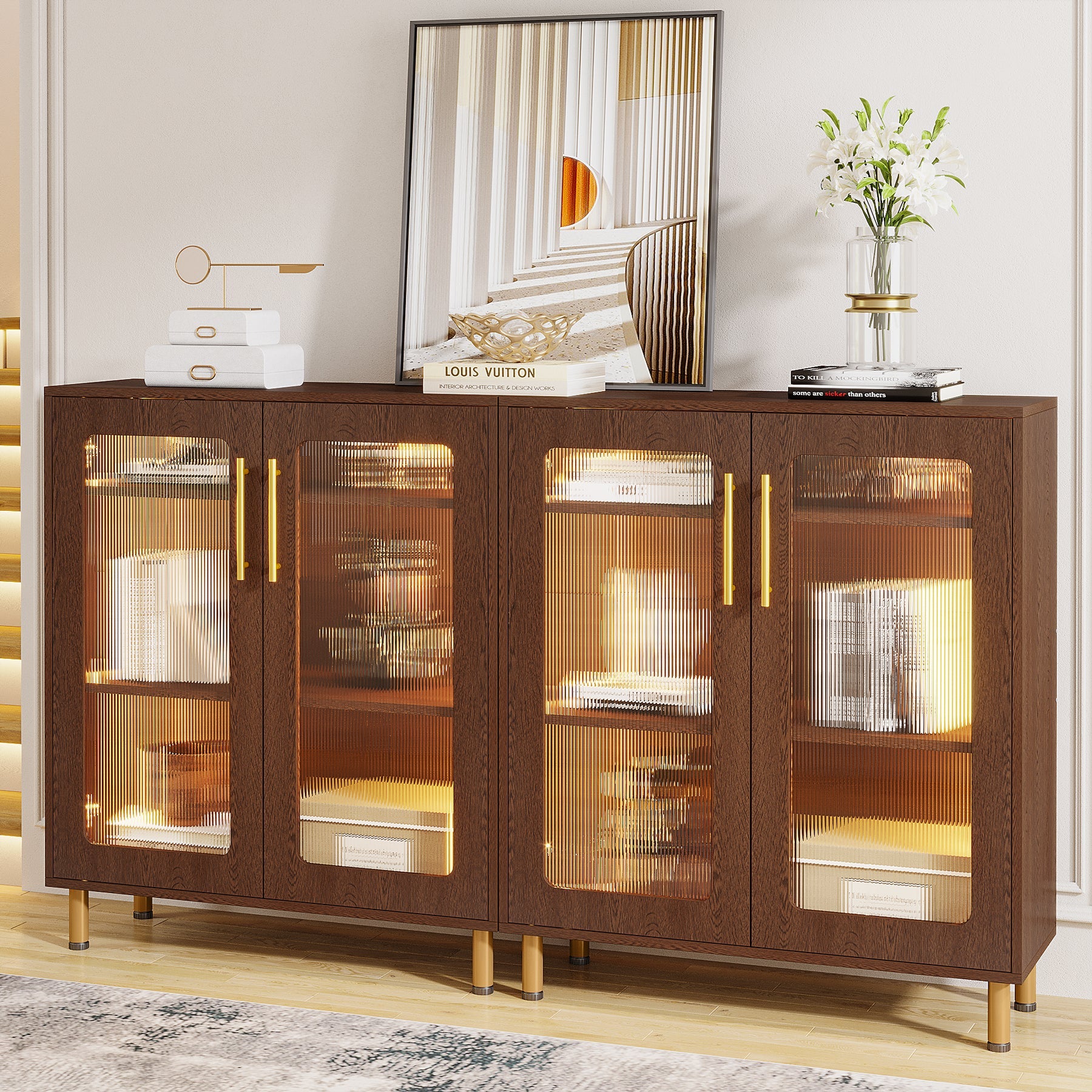 Modern Sideboard Buffet Storage Cabinet with LED Light & Acrylic Doors