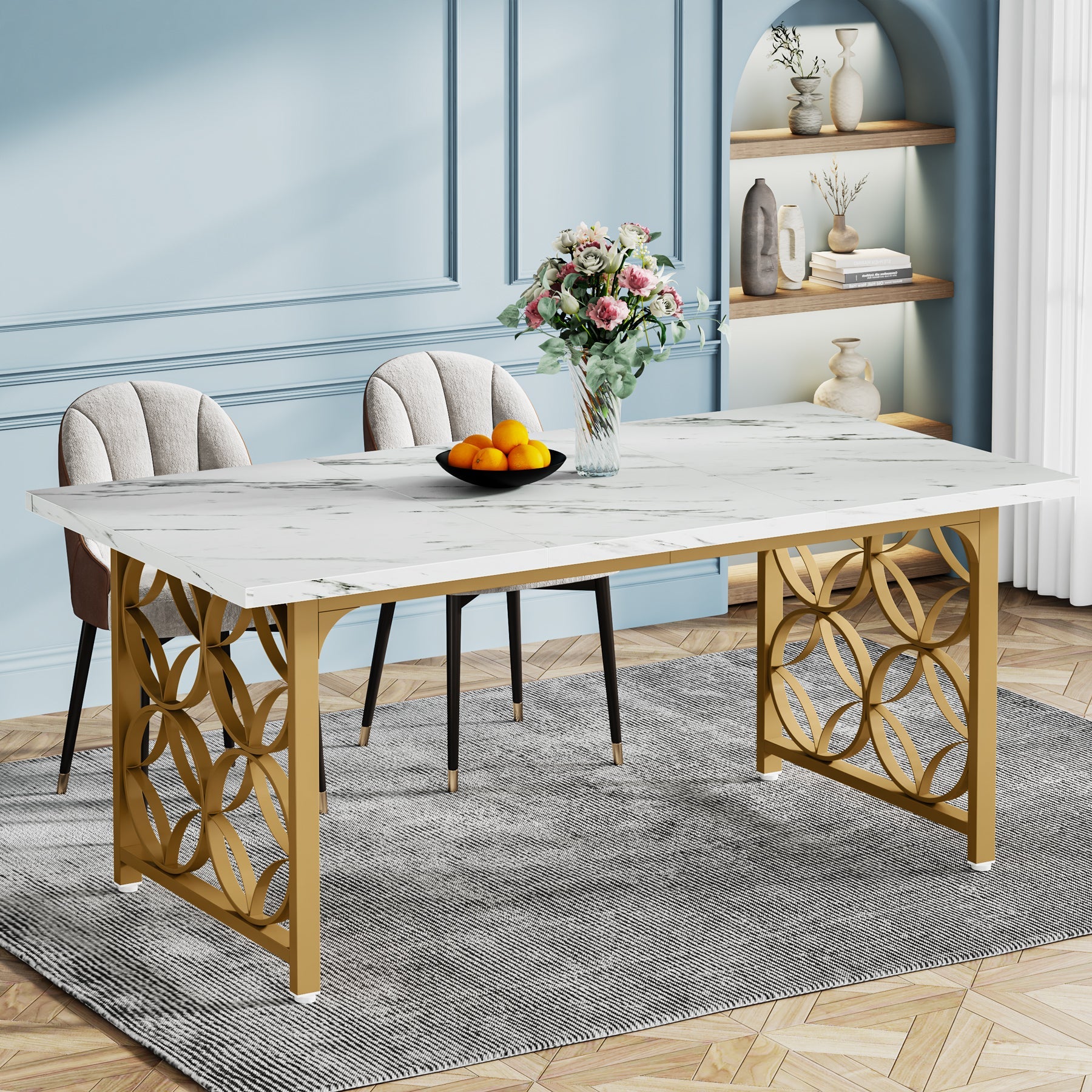 63-inch Dining Table, Modern Faux Marble Kitchen Table for 6 People