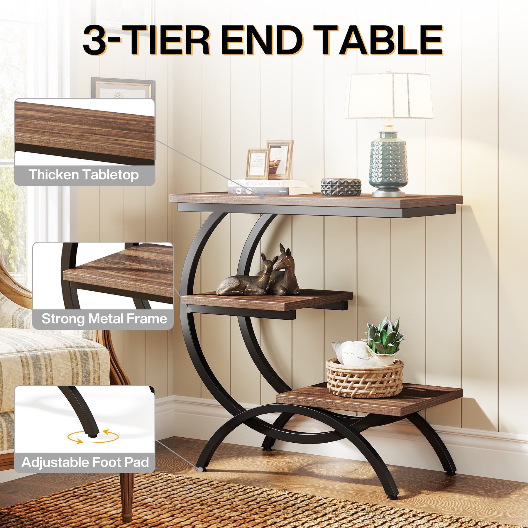 C-Shaped End Table, Industrial 3-Tier Side Table for Small Space