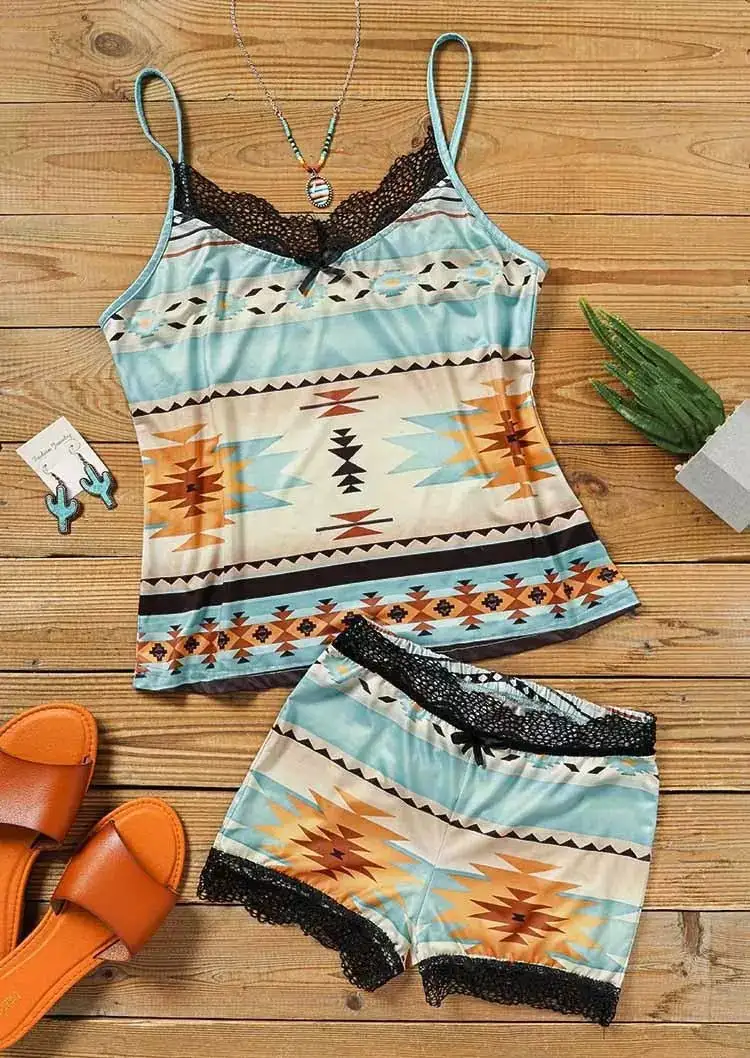 Aztec Geometric Lace Camisole And Shorts Pajamas Set