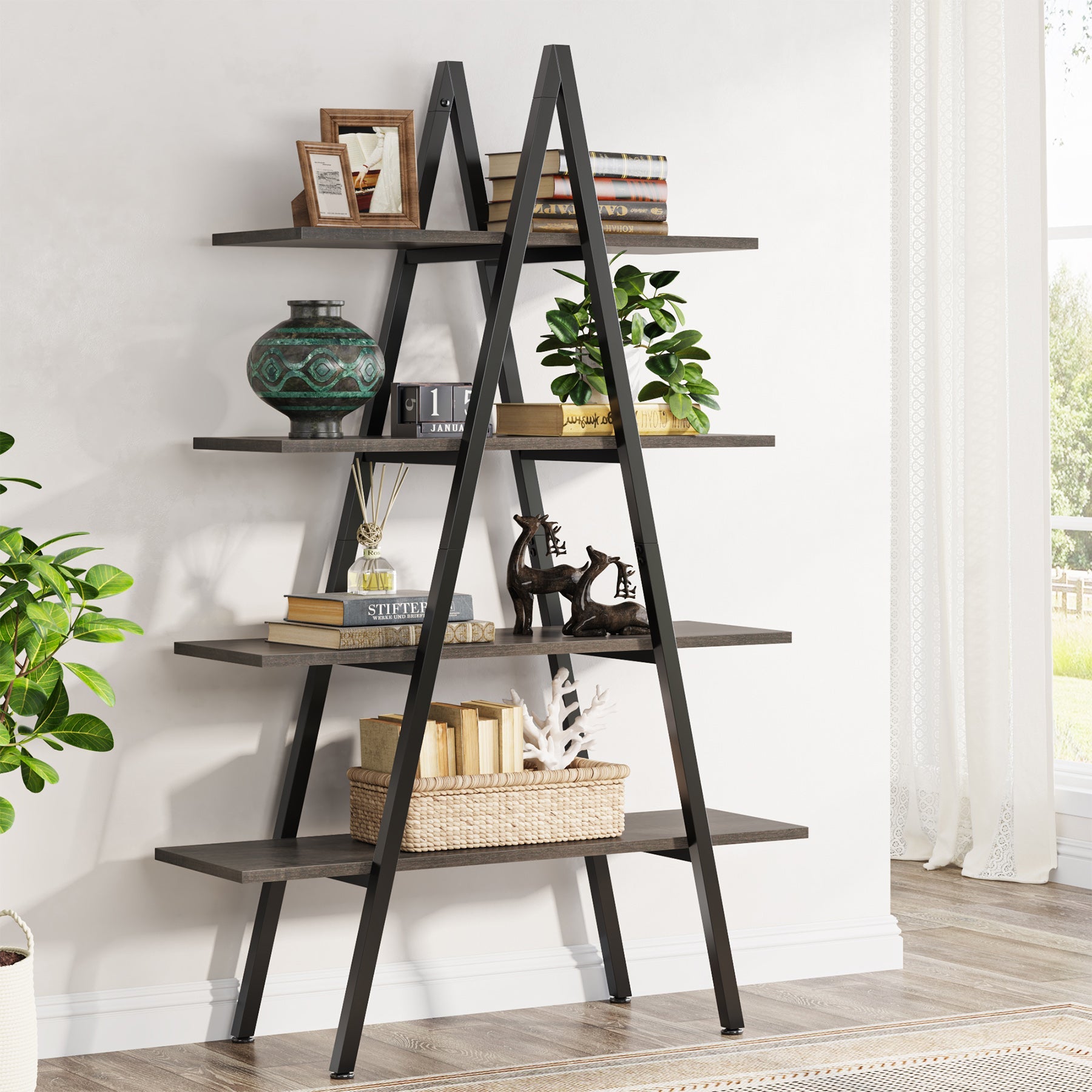 4-Tier Bookshelf, A-Shaped Bookcase Industrial Ladder Display Shelf