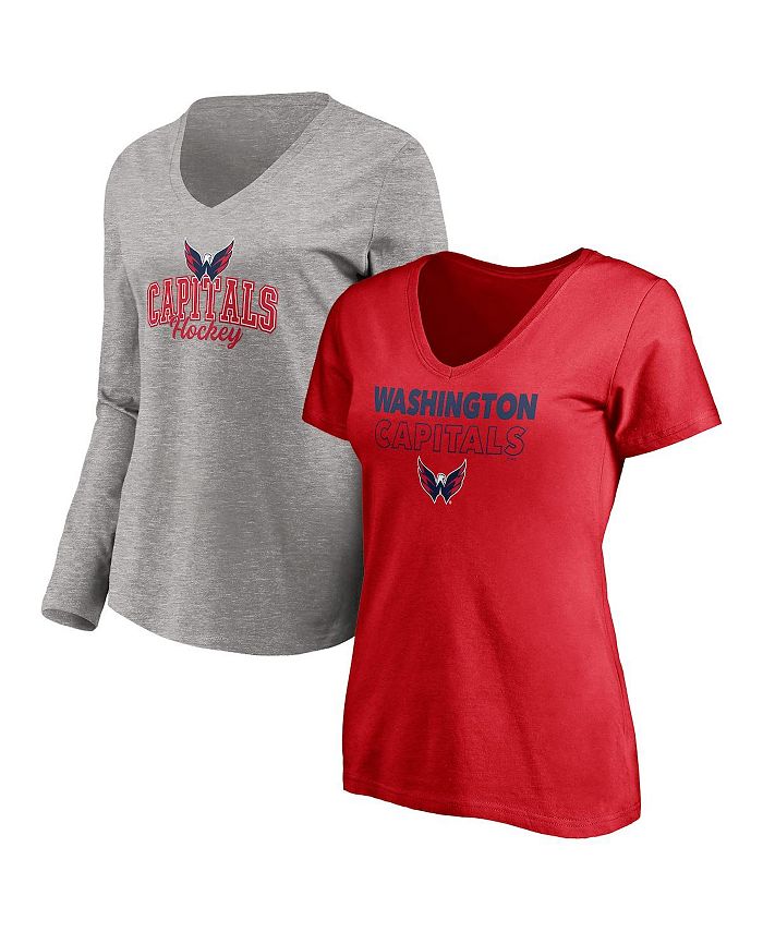 Women's Branded Red, Heather Gray Washington Capitals Short Sleeve and Long Sleeve V-Neck T-shirt Combo Pack