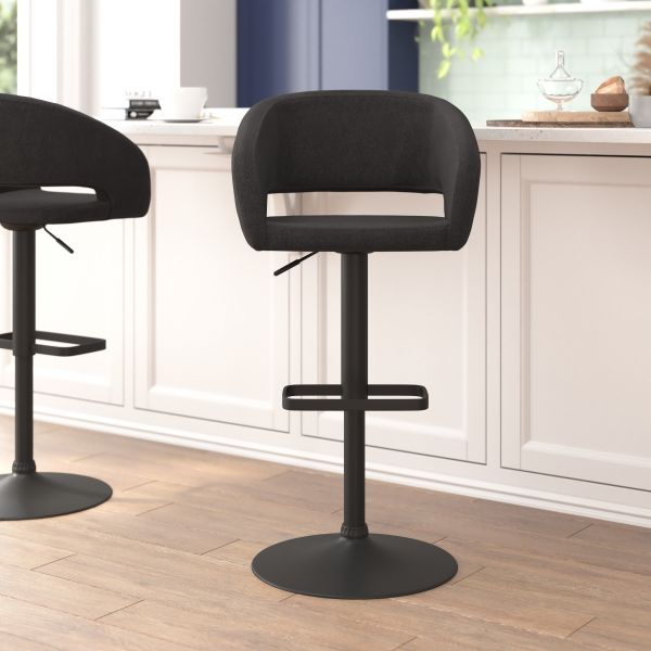 Erik Contemporary Charcoal Fabric Adjustable Height Barstool with Rounded Mid-Back and Black Base