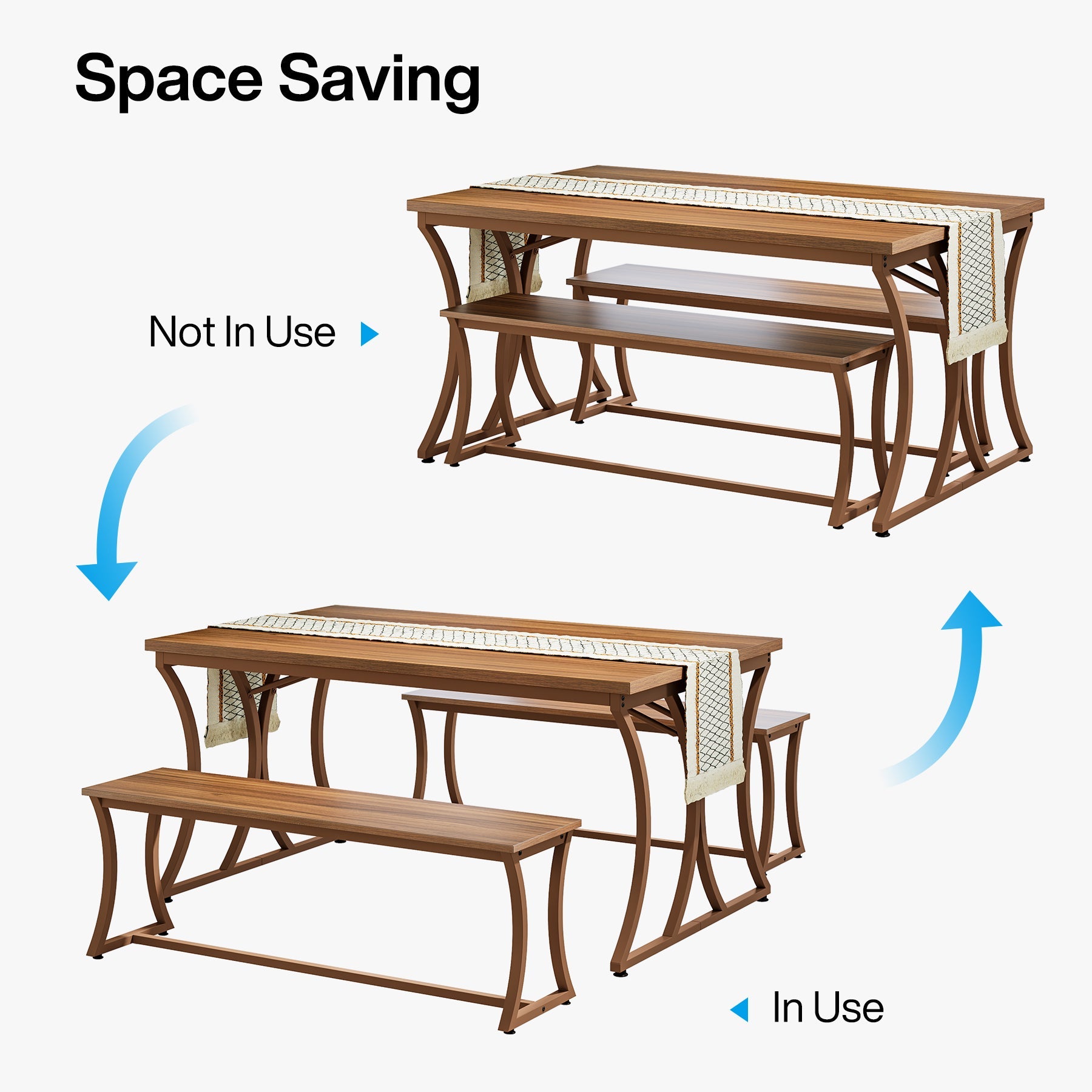 4-Piece 51-Inch Dining Table Set with 2 Benches & Table Runner