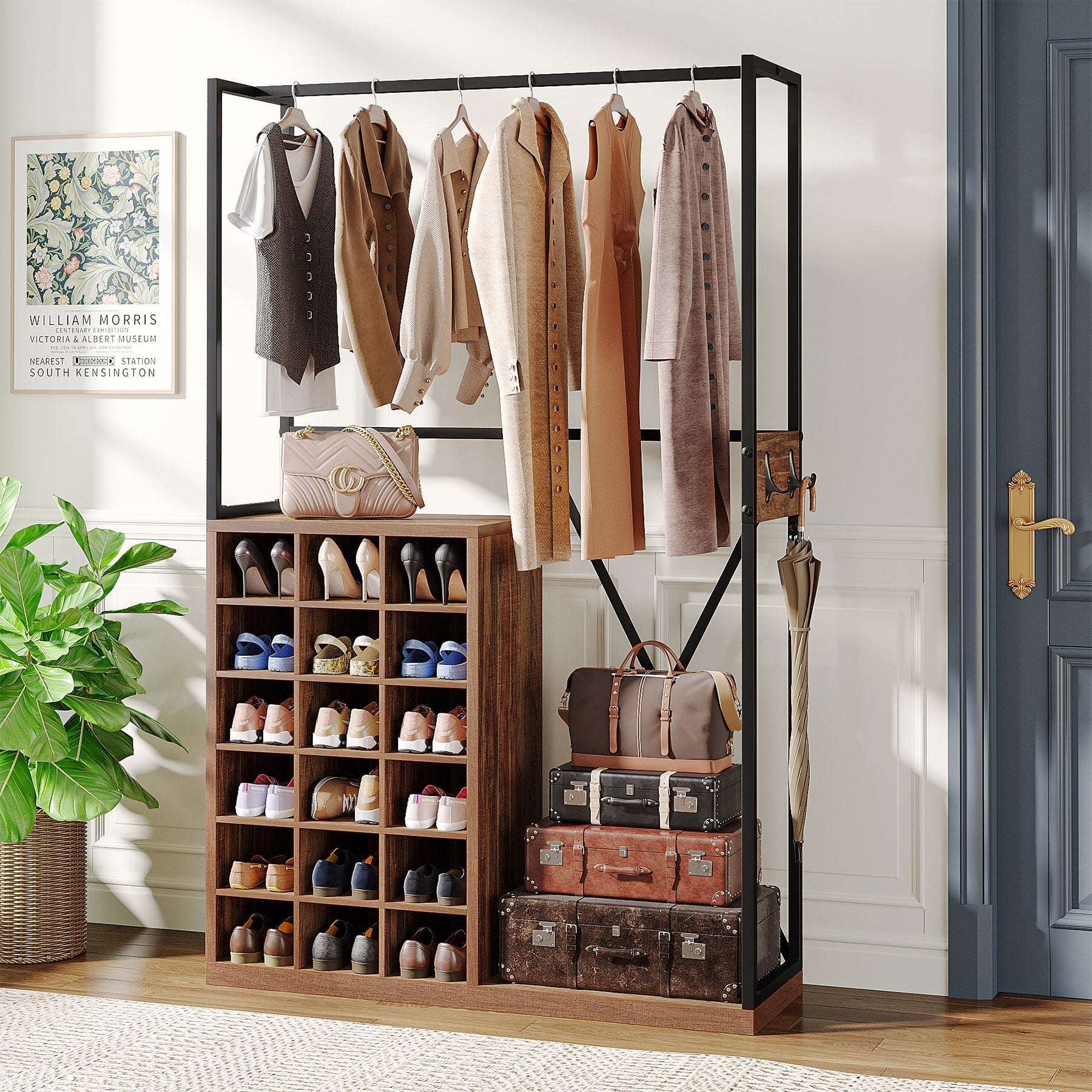 Freestanding Coat Rack, 3-in-1 Hall Tree with Shoe Storage and Hanging Bar