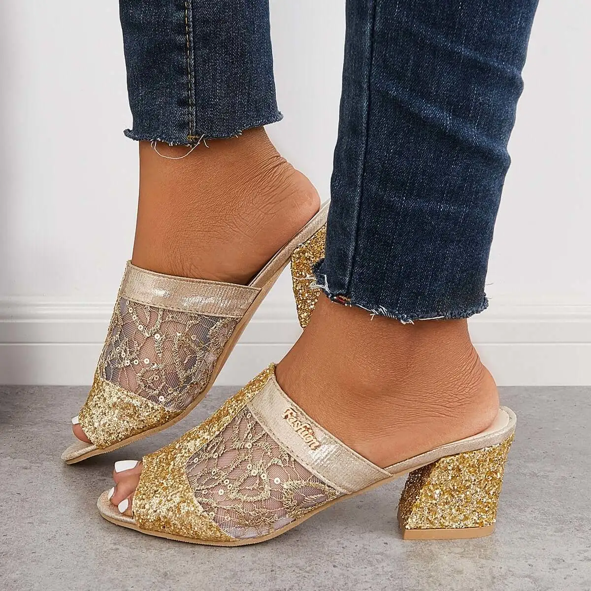 Floral Embroidery Backless Mules Slip on Block Heel Sandals