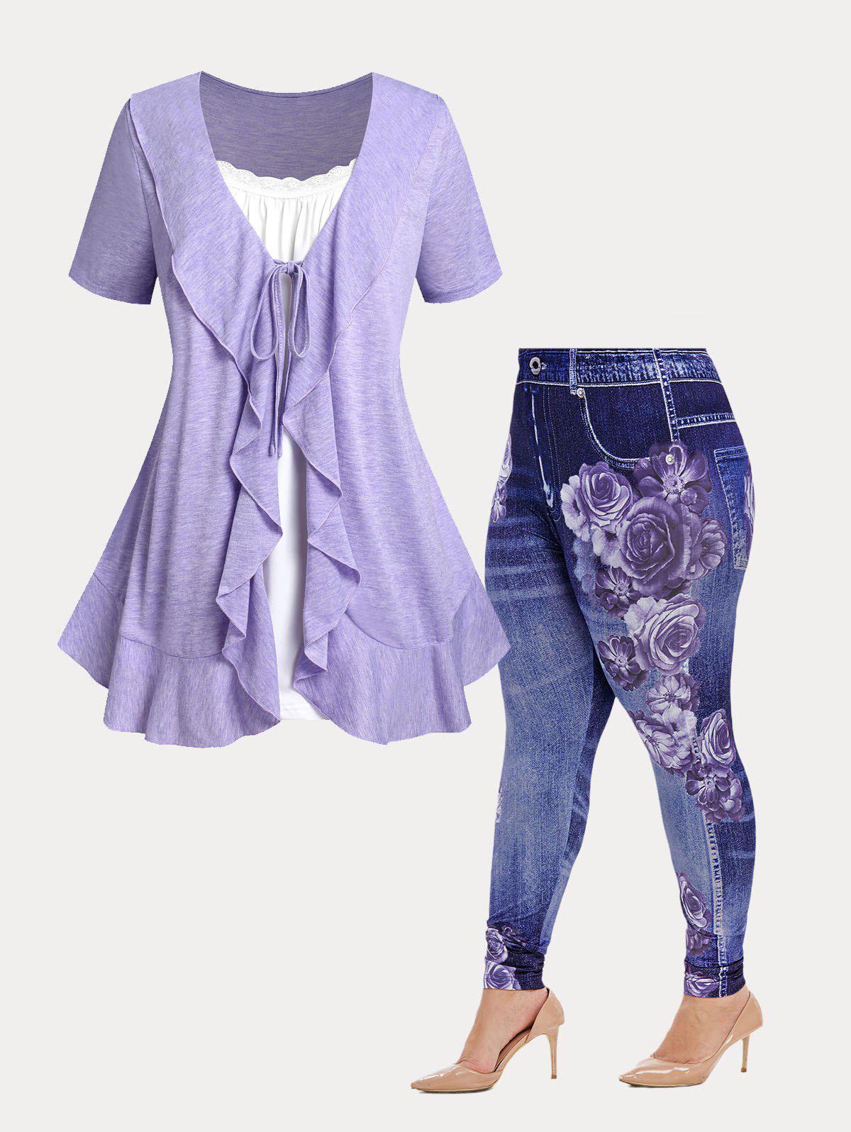 Space Dye Print Lace Up Roll Up Sleeve T Shirt And Skinny Capri
