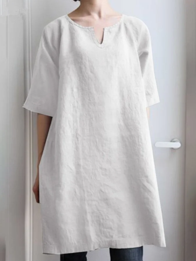 Ladies Cotton Linen Casual Mid Sleeve Dress
