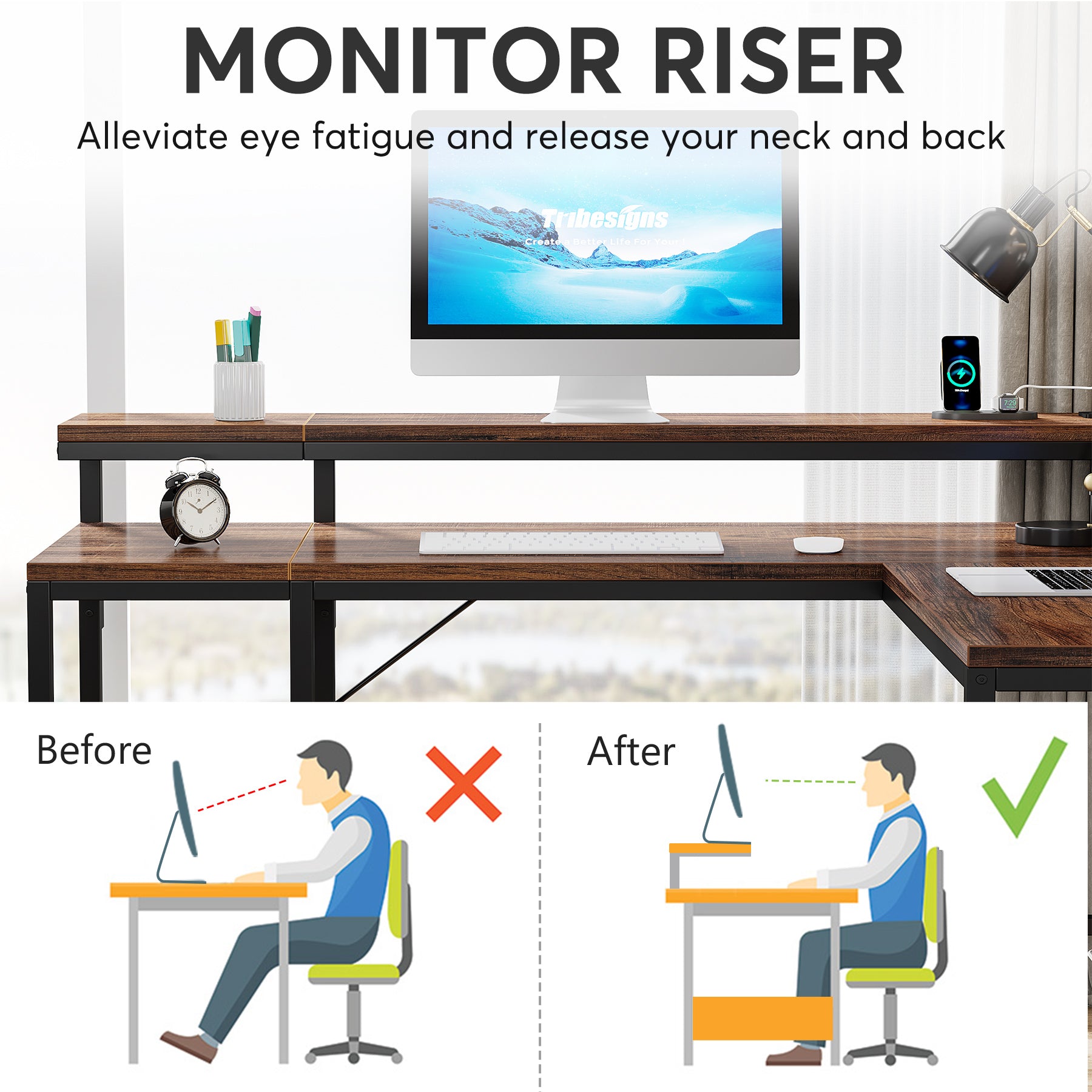 Reversible L-Shaped Desk, Corner Desk with Power Outlets & Monitor Shelves