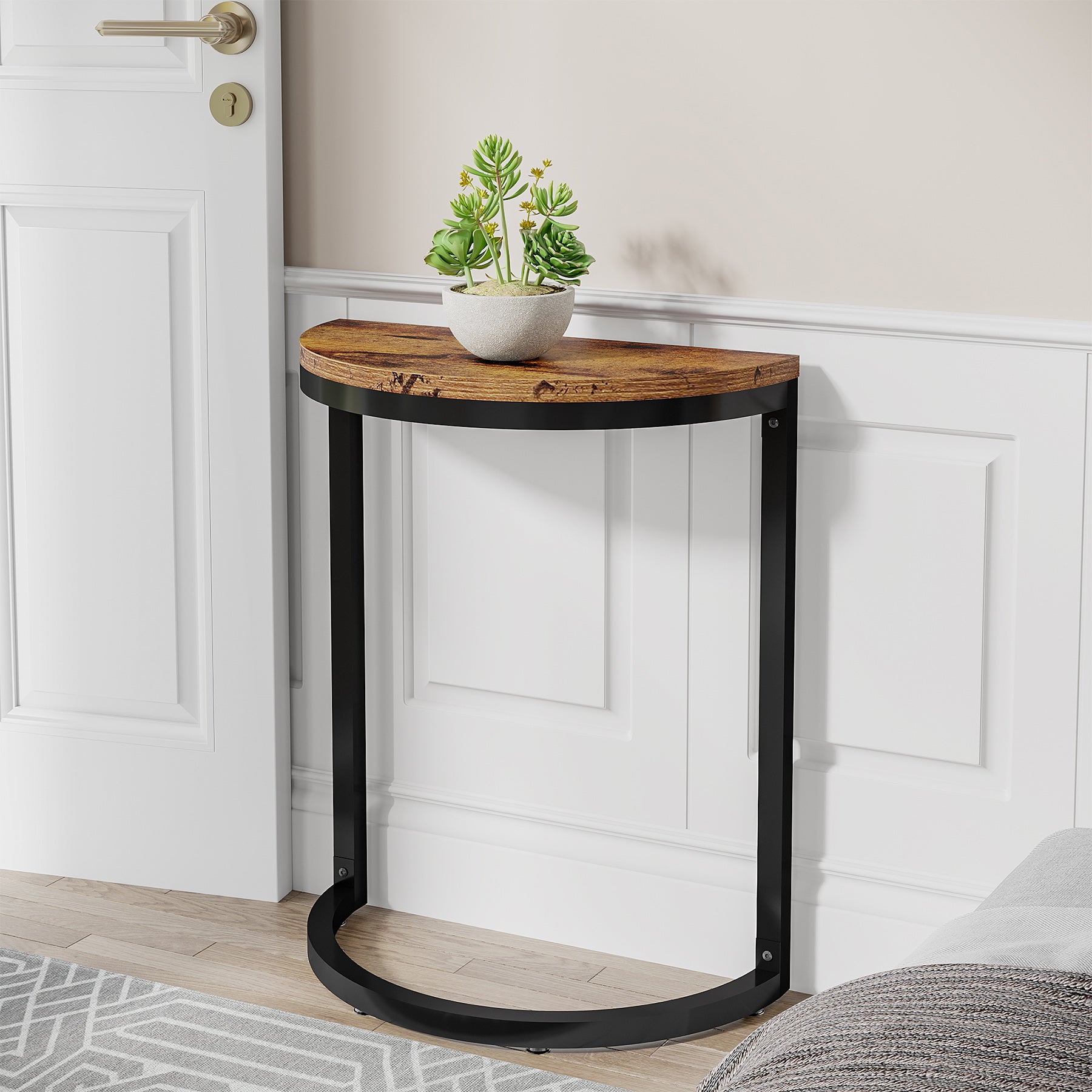 Half Round End Table, Narrow Side Table with Metal Frame